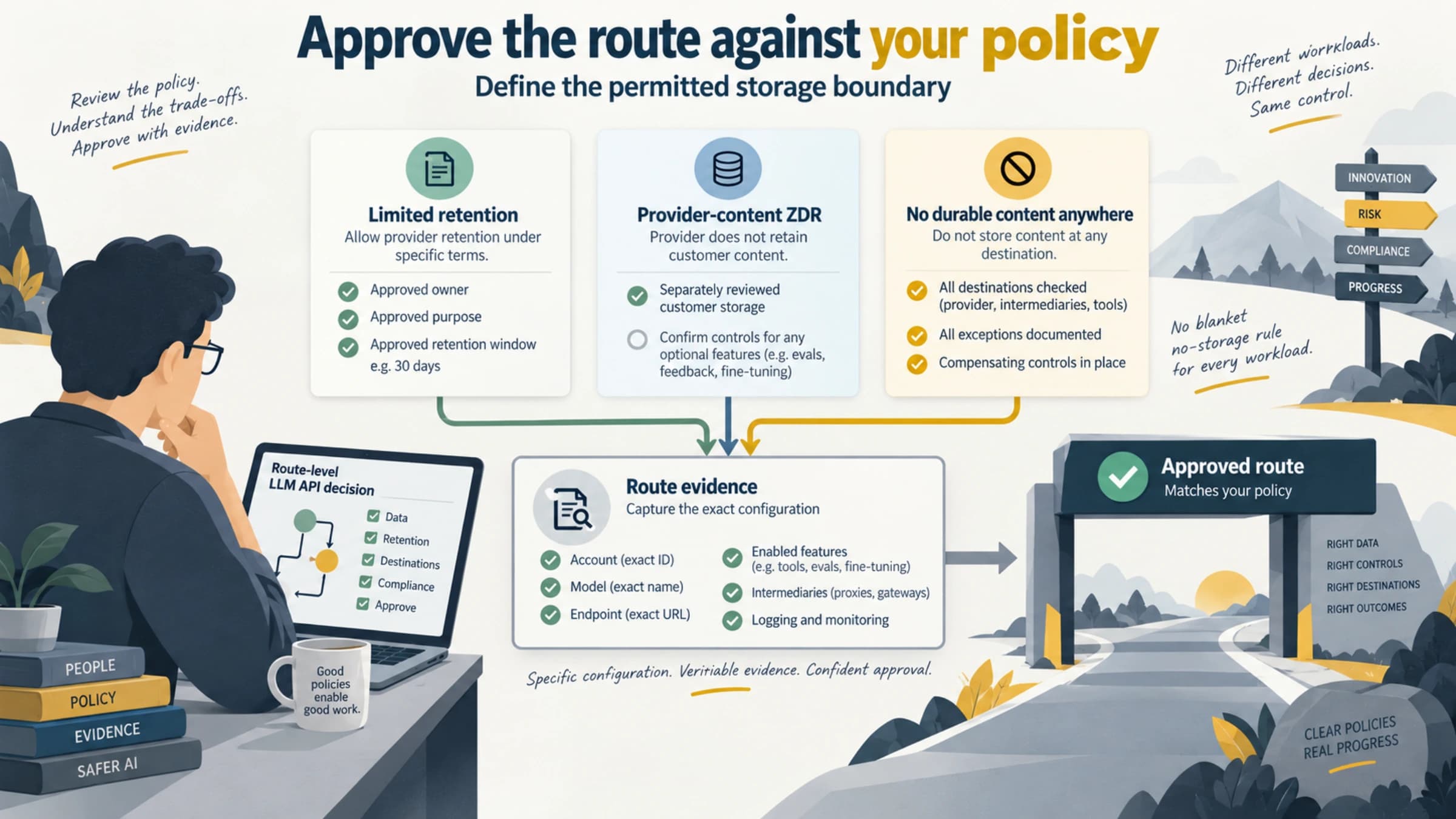 Three permitted storage policies feed an evidence-based approval for the exact API route and logging configuration.