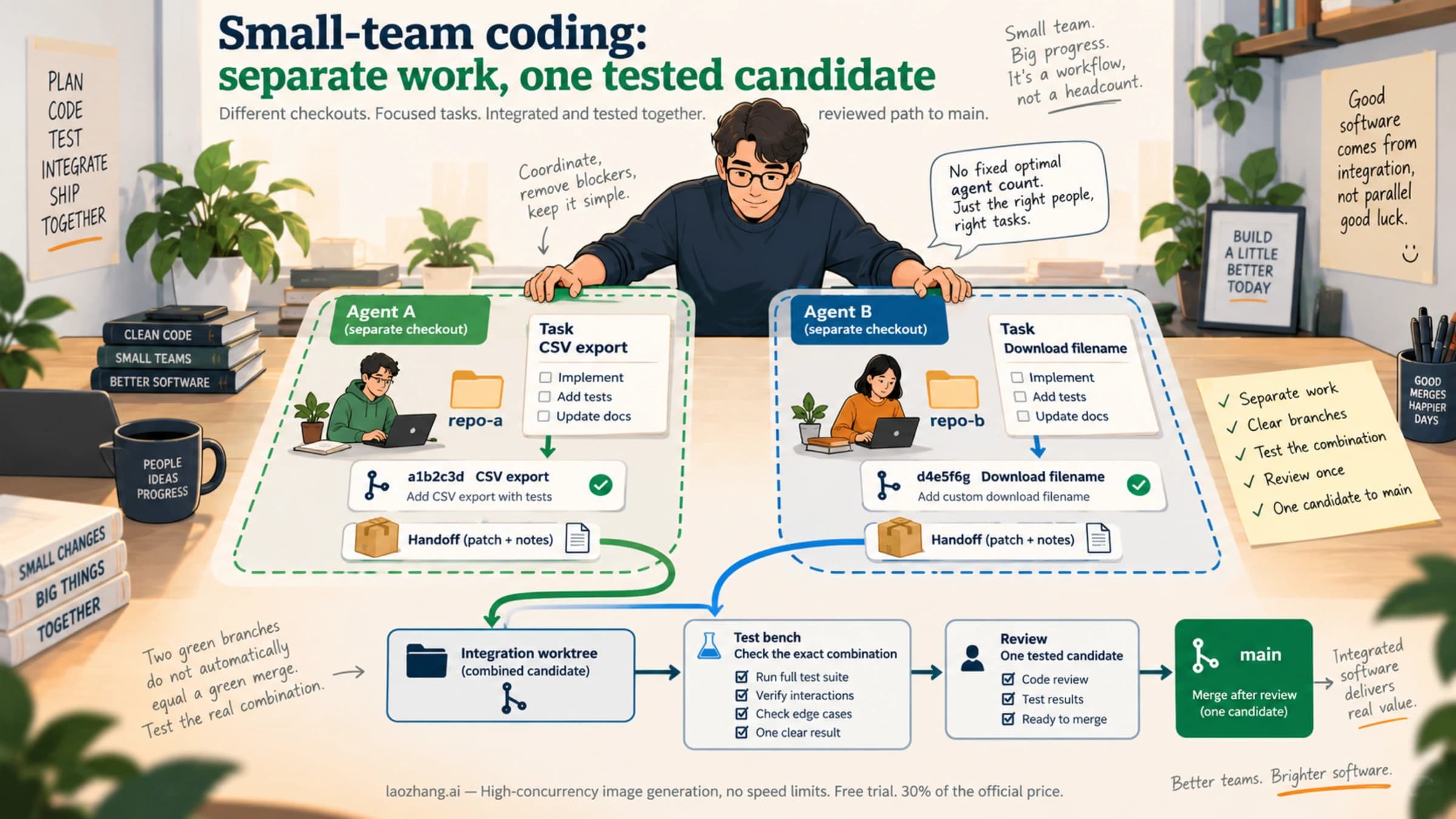 Conceptual small-team coding workflow with separate worker checkouts, pinned handoffs and one tested combined integration candidate