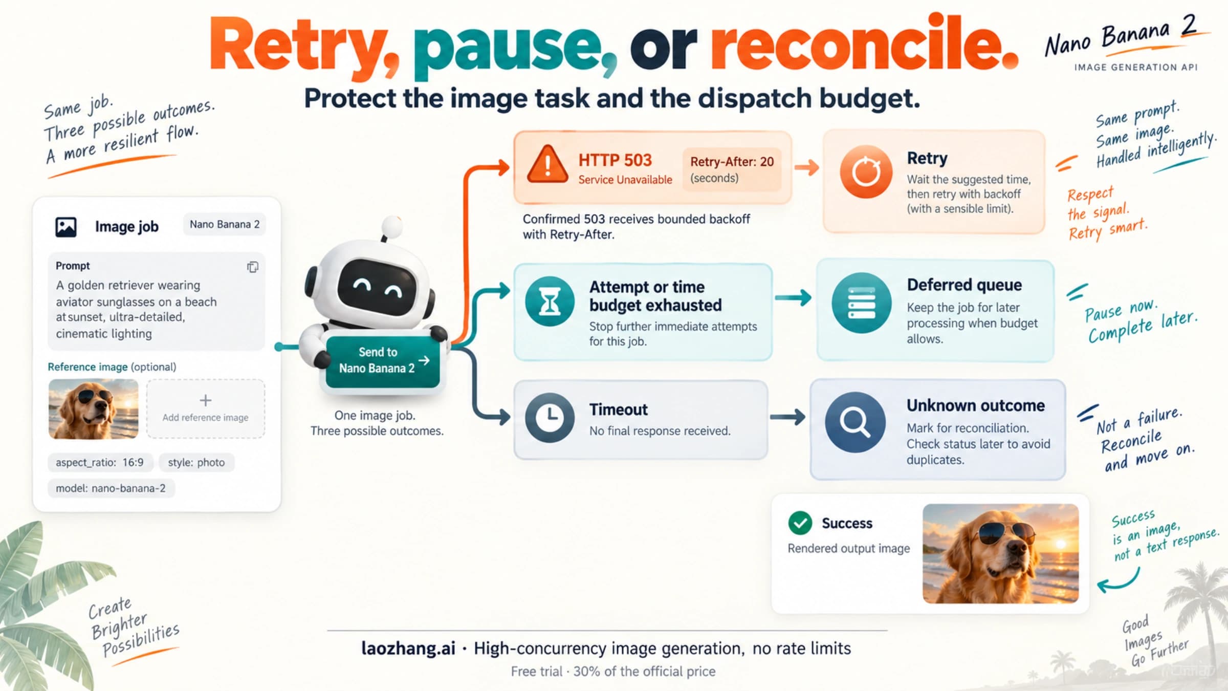 A Nano Banana image job follows bounded 503 retry, deferral, or unknown-outcome reconciliation paths.