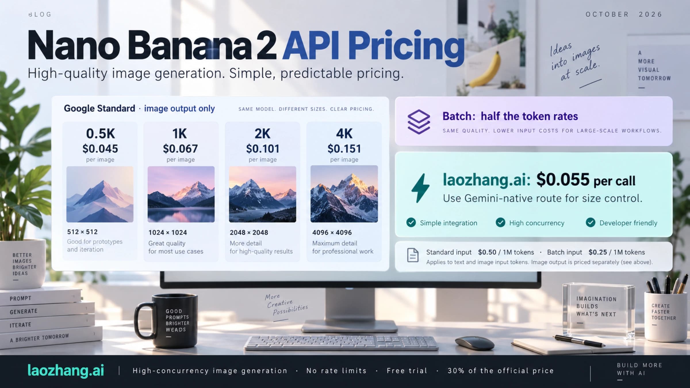 Nano Banana 2 Standard image prices by size, half-price Batch token rates and a $0.055-per-call gateway