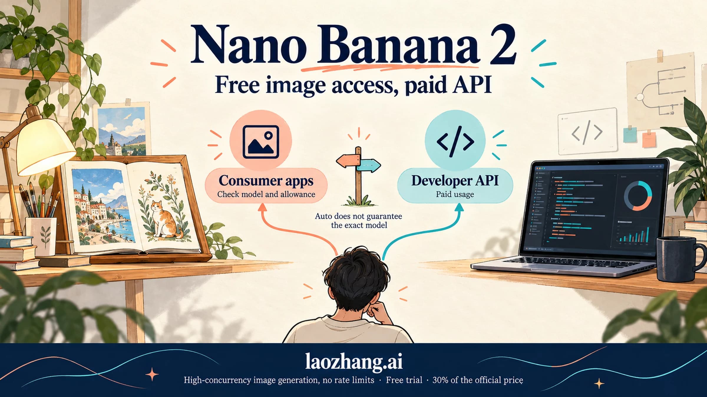 Illustration of free consumer image access and paid developer access for Nano Banana 2