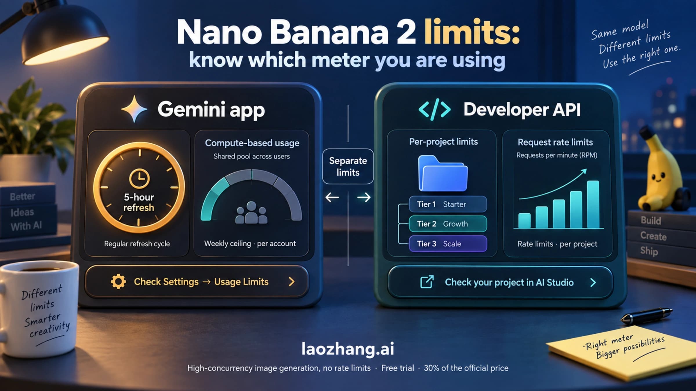 Nano Banana 2 limits guide showing the Gemini app's 5-hour compute-based usage limit next to the per-project API rate-limit tiers