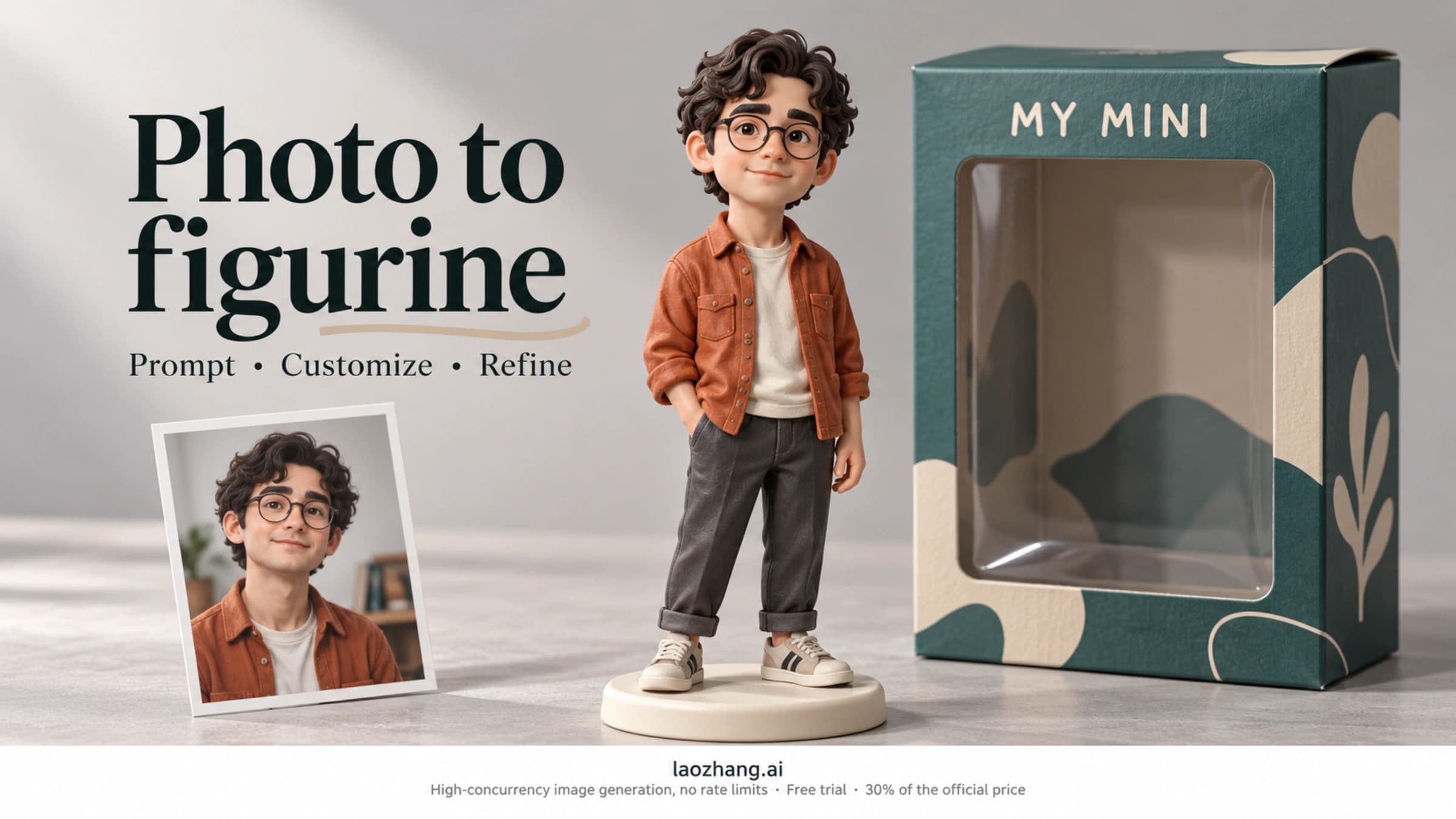 Collectible figurine and display box illustrating a photo-to-figurine image prompt