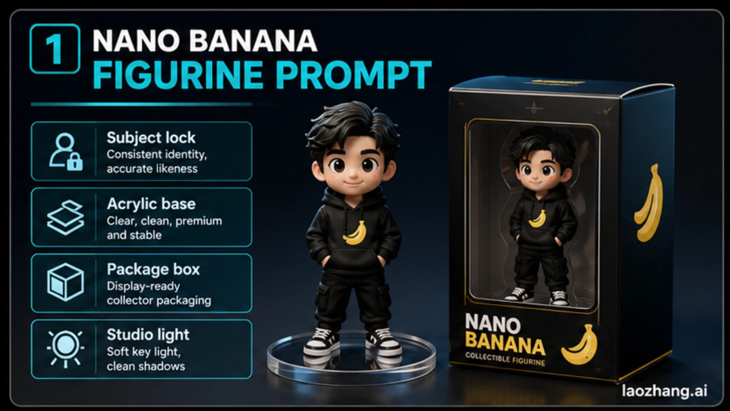 Collectible figurine and display box illustrating a photo-to-figurine image prompt