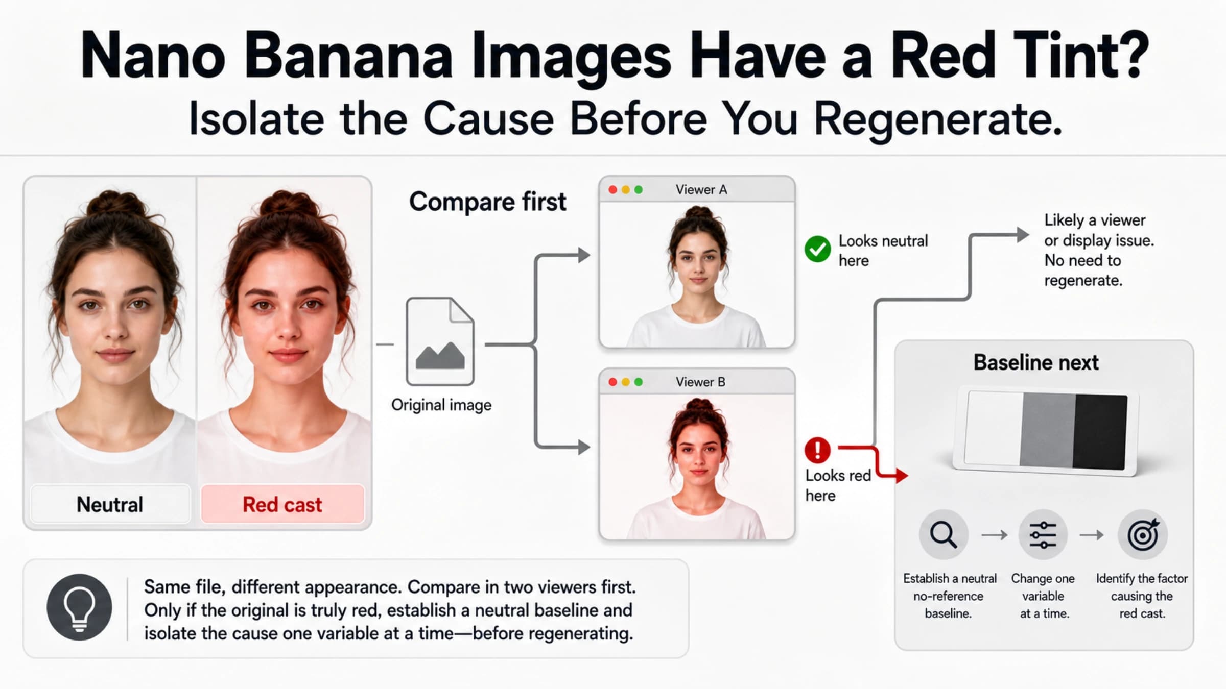 Side-by-side Nano Banana portrait with neutral color and an unwanted red tint