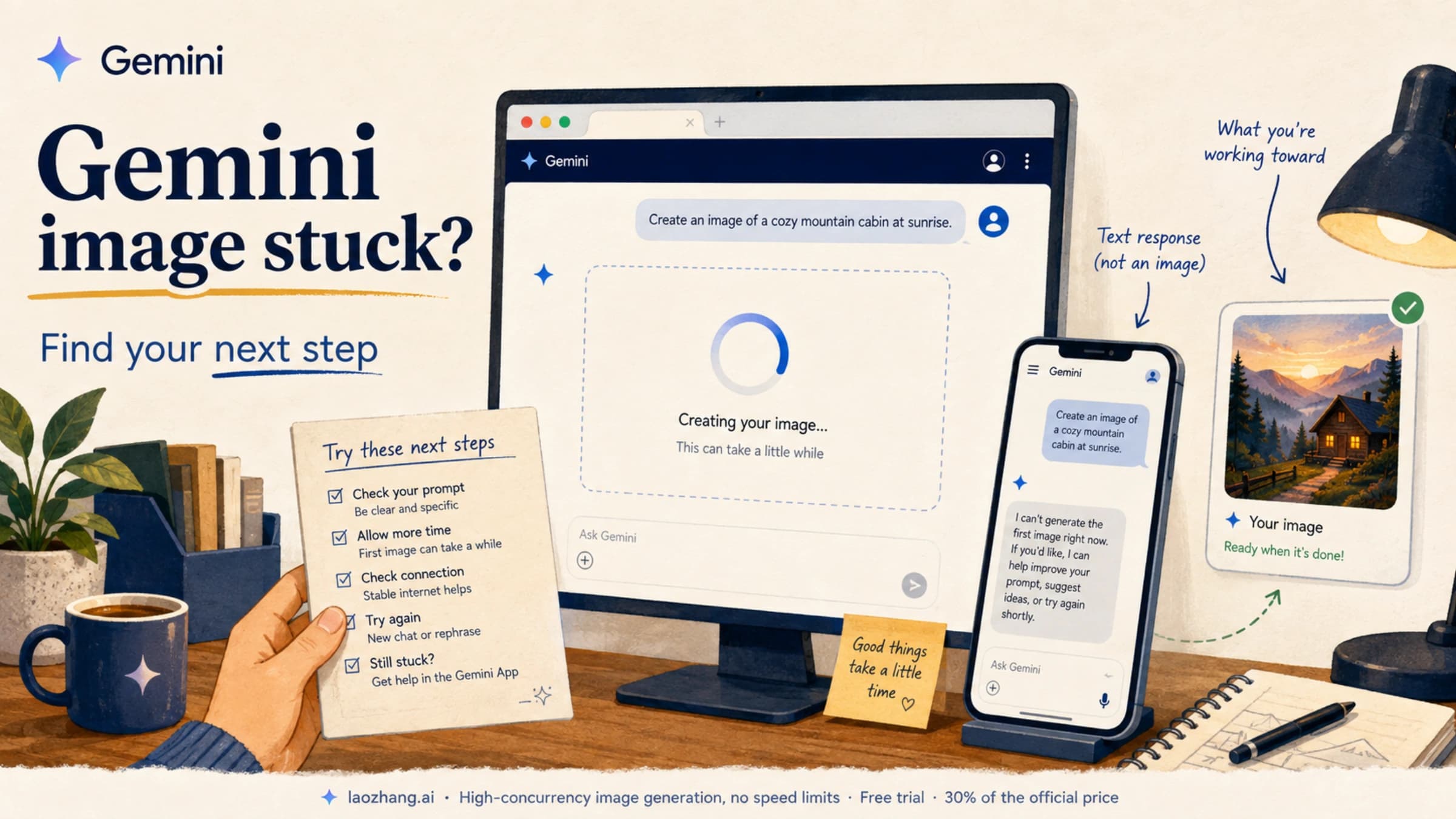 Gemini image generation stuck loading on a computer beside a phone with a text-only response