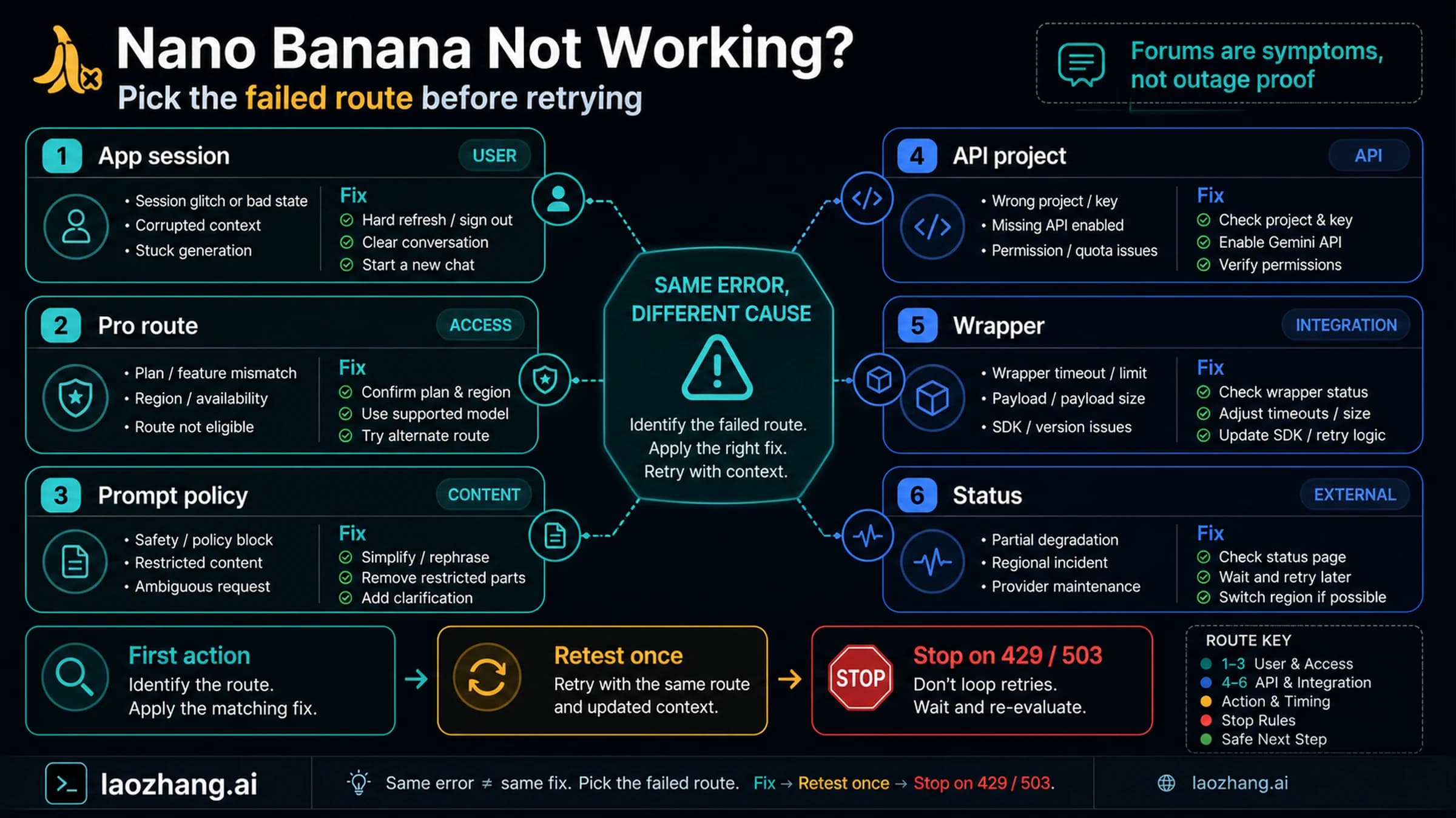 Route board showing app, Pro, prompt, API, wrapper, and status branches for Nano Banana failures