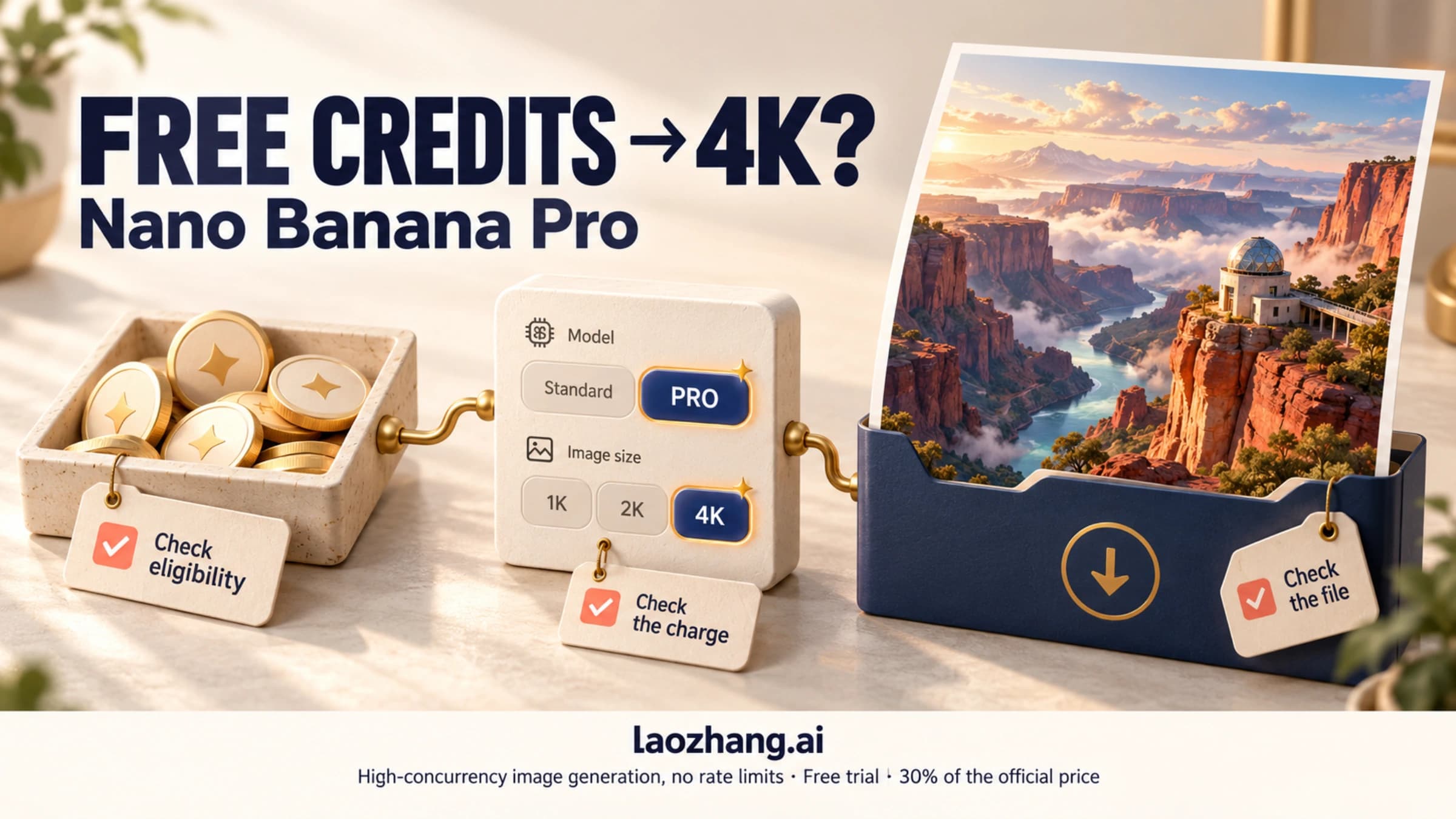 Conceptual illustration of starter credits, a Pro 4K selection, and a full-size download with eligibility, charge, and file checks