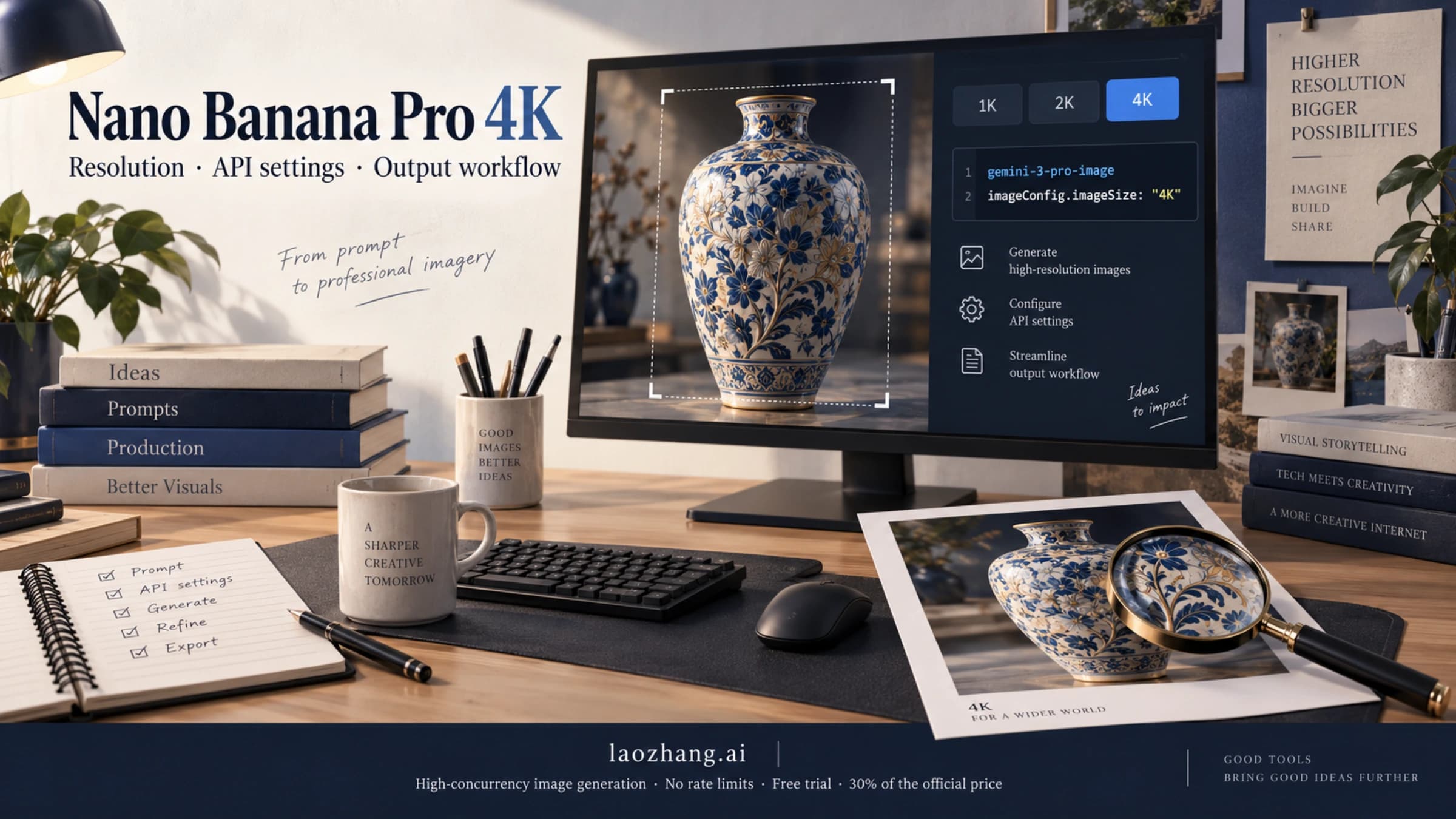 Conceptual Nano Banana Pro 4K workstation with image size configuration, crop framing and print workflow