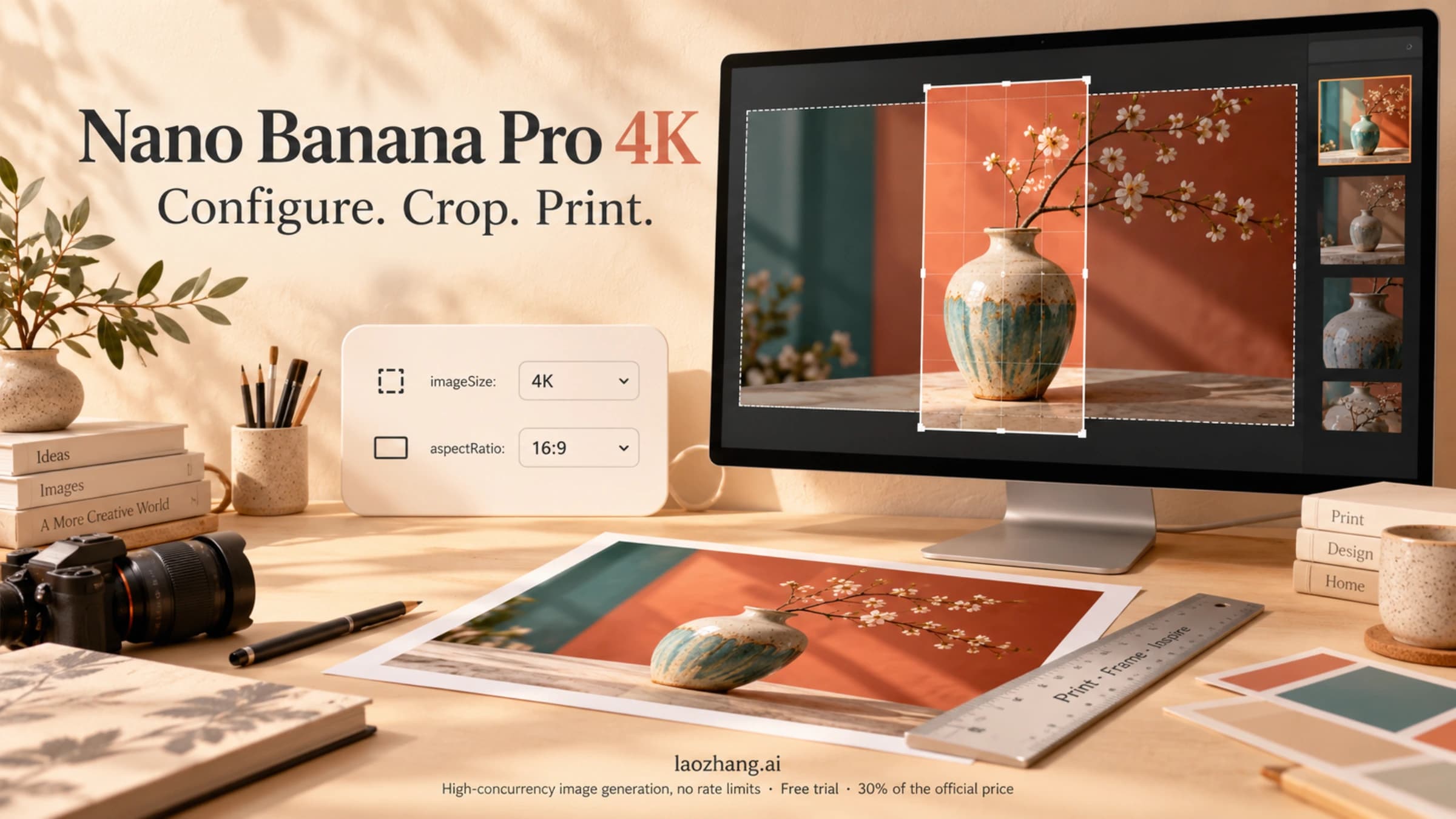 Conceptual Nano Banana Pro 4K workstation with image size configuration, crop framing and print workflow