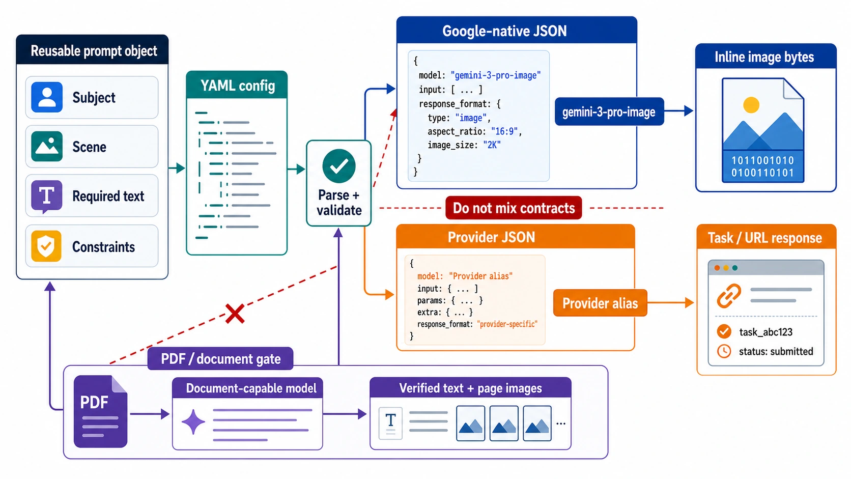 Nano Banana Pro API contract map separating a reusable prompt, Google JSON, provider JSON, YAML configuration, and the PDF gate