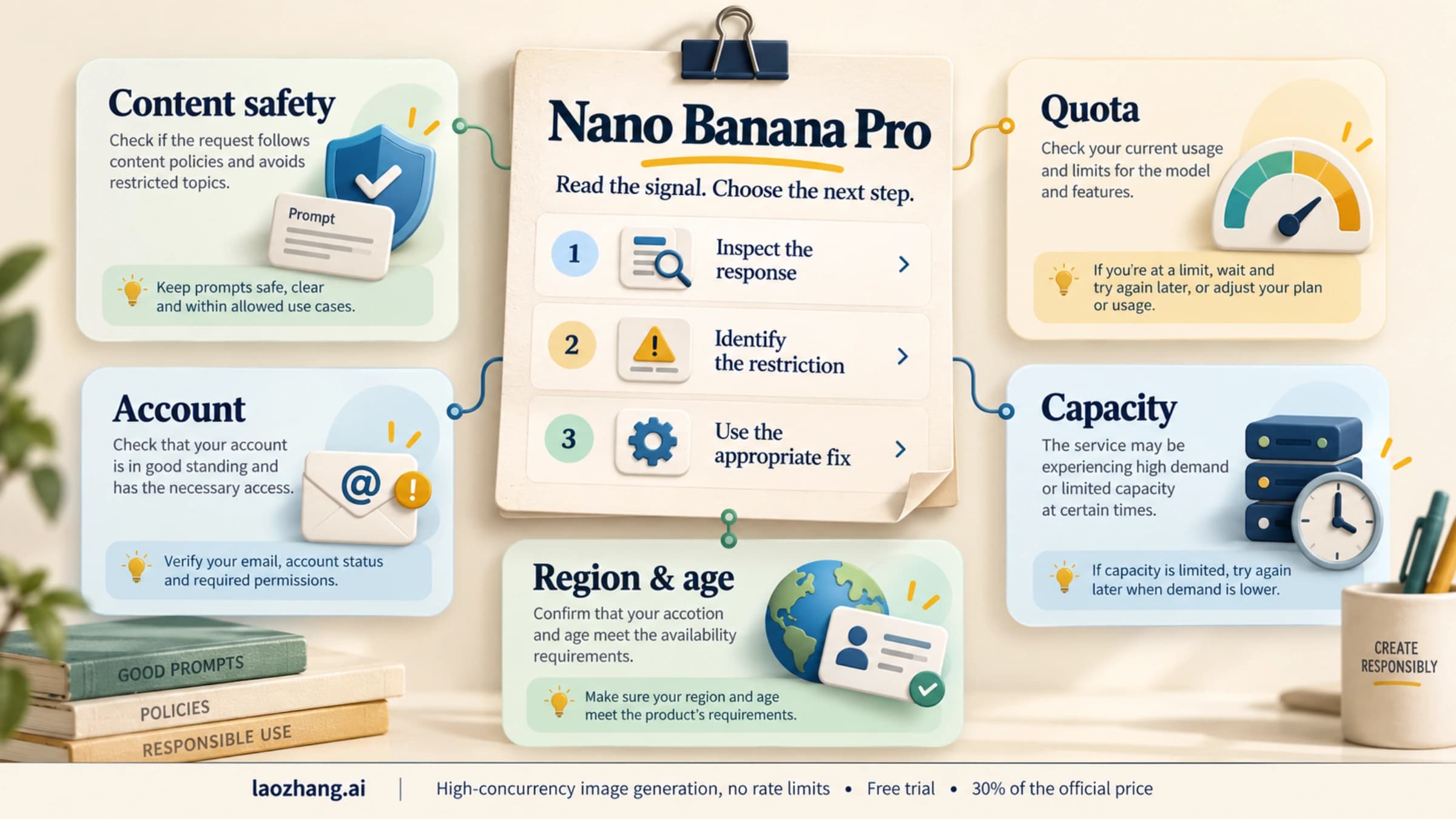 Nano Banana Pro request checklist surrounded by content safety, quota, capacity, account and regional restrictions