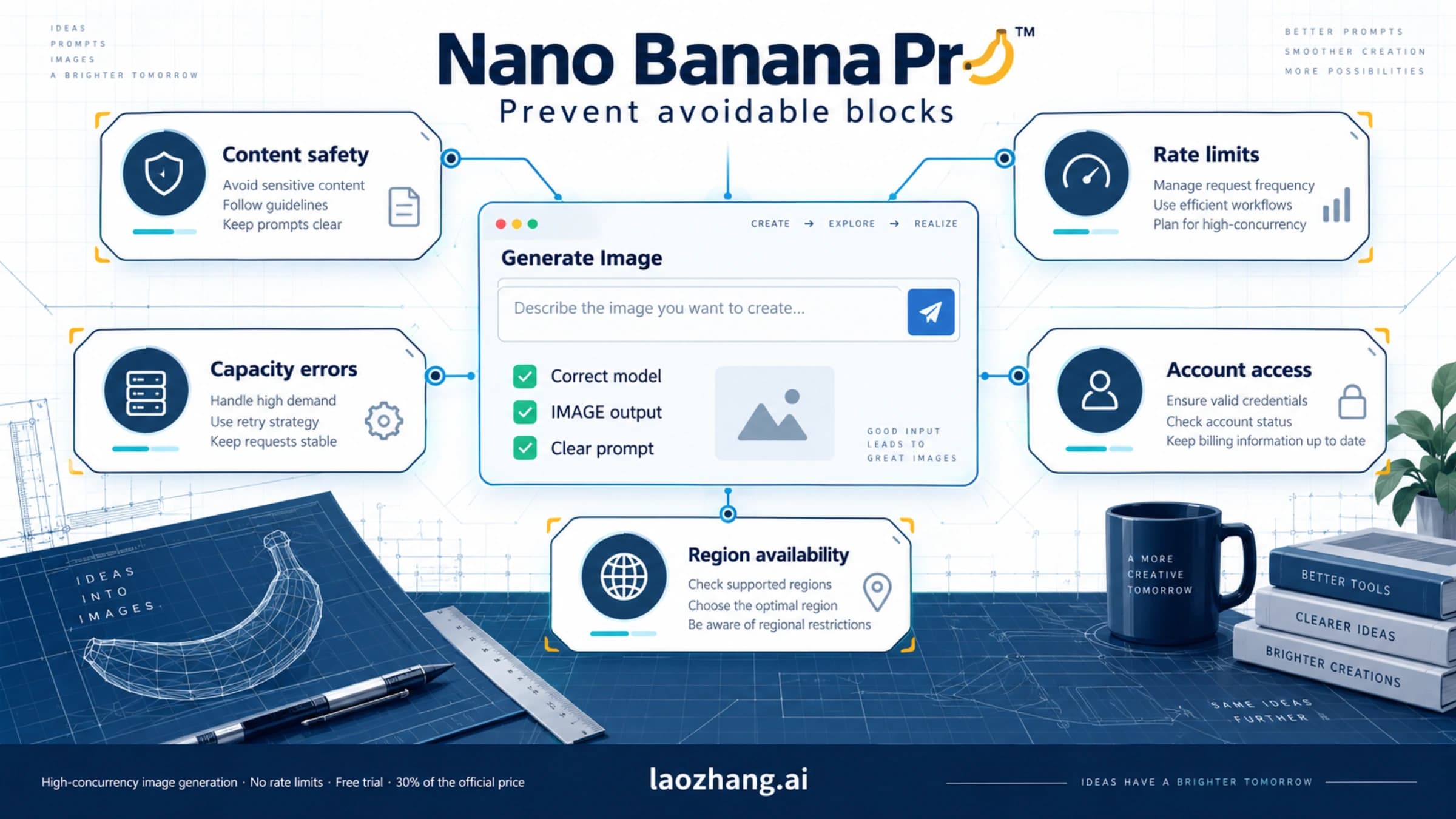 Nano Banana Pro request checklist surrounded by content safety, quota, capacity, account and regional restrictions