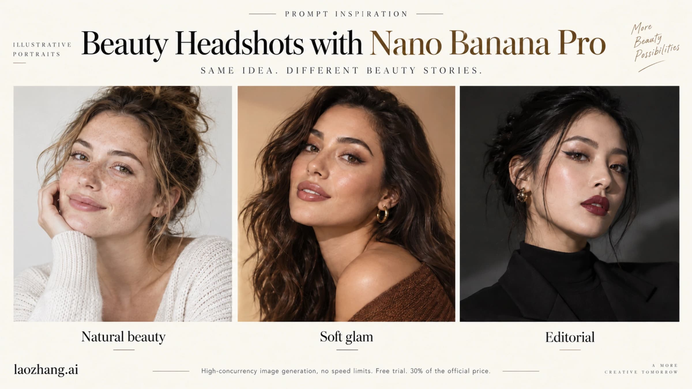 Illustrative portraits showing natural beauty, soft glam, and editorial headshot directions for prompt inspiration.