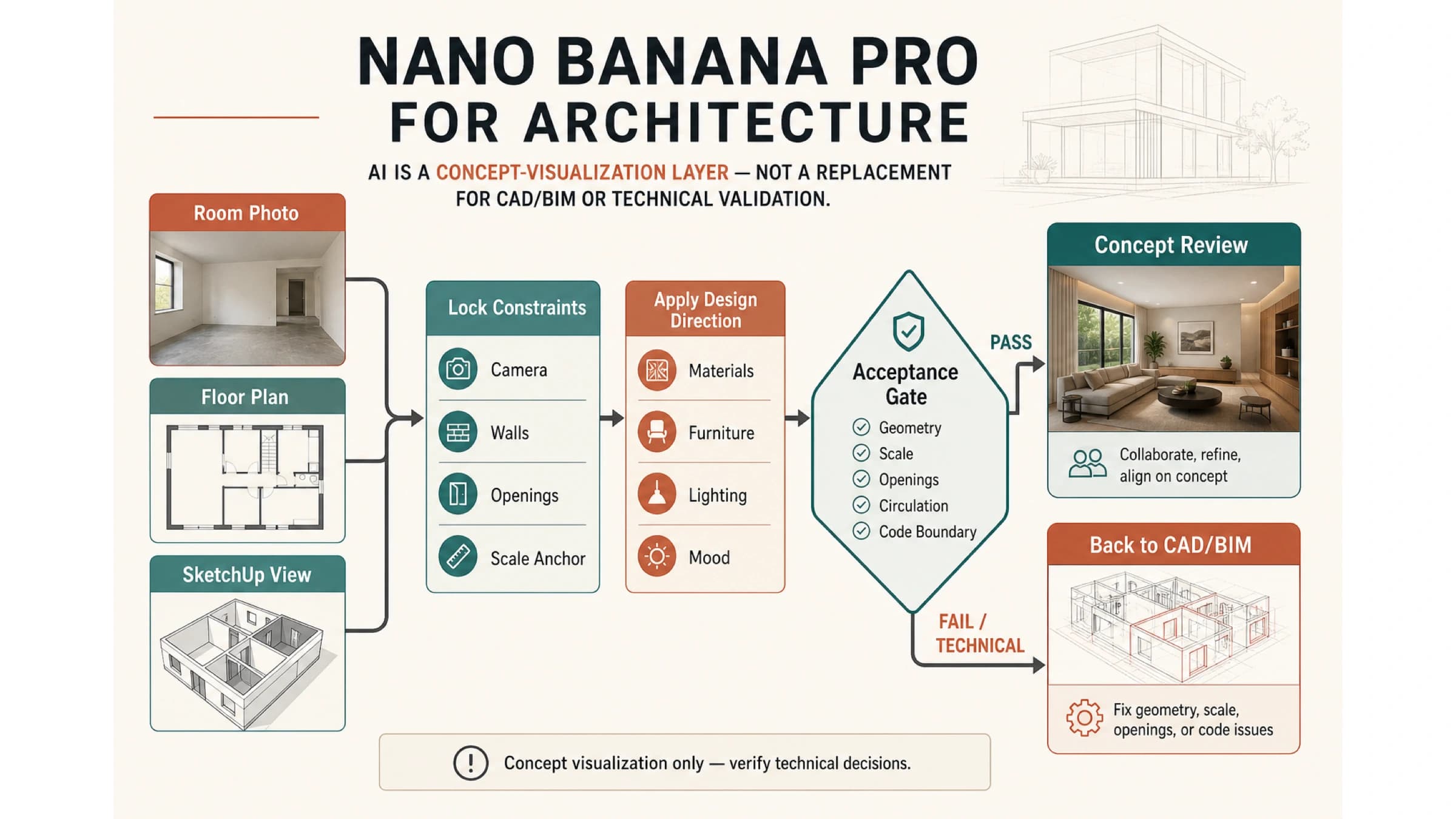 Constraint-first Nano Banana Pro architecture workflow from source geometry through design variations and an acceptance gate to concept review or CAD and BIM