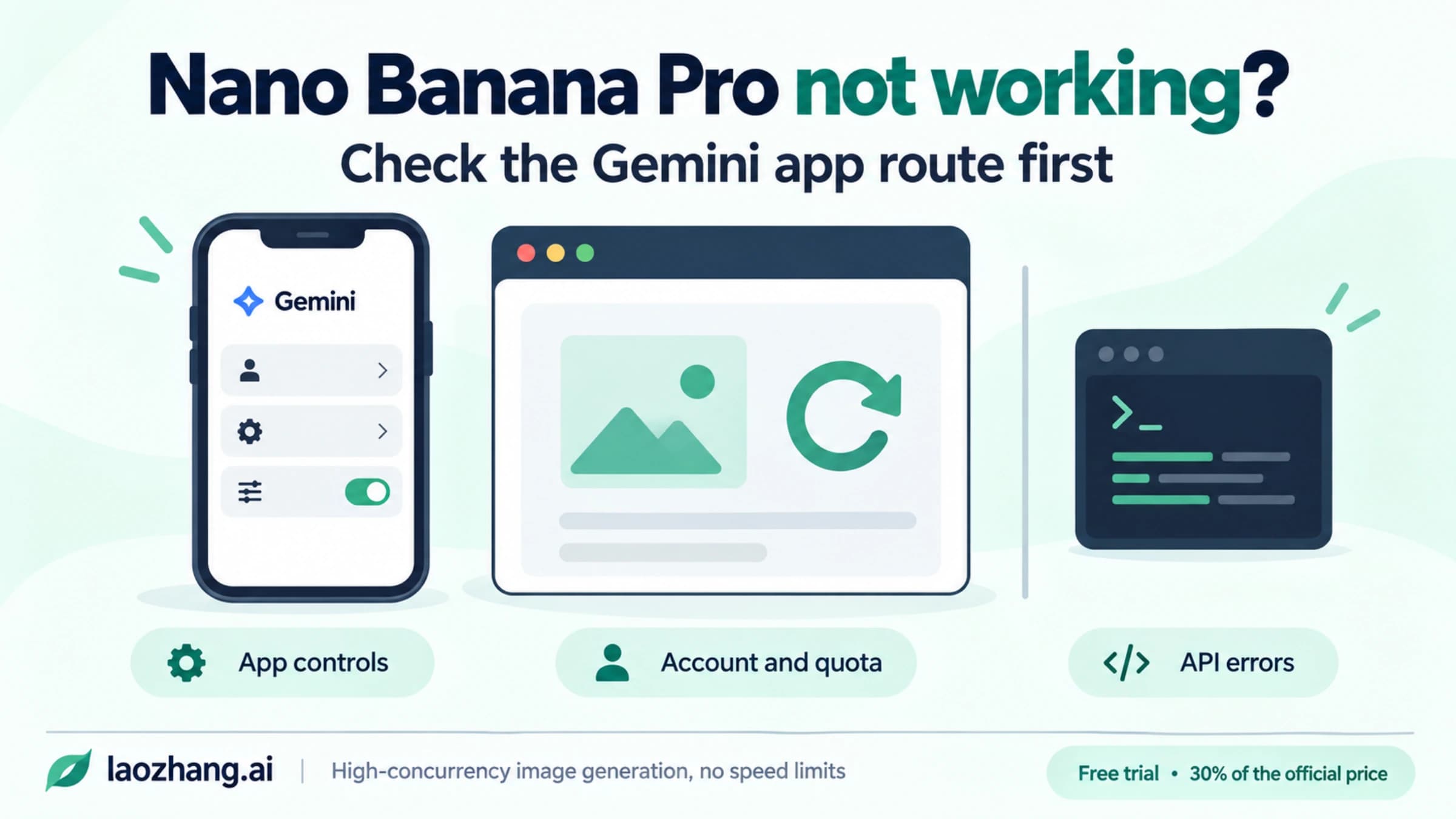 A conceptual cover separating Gemini app controls, account and quota checks, and API errors.