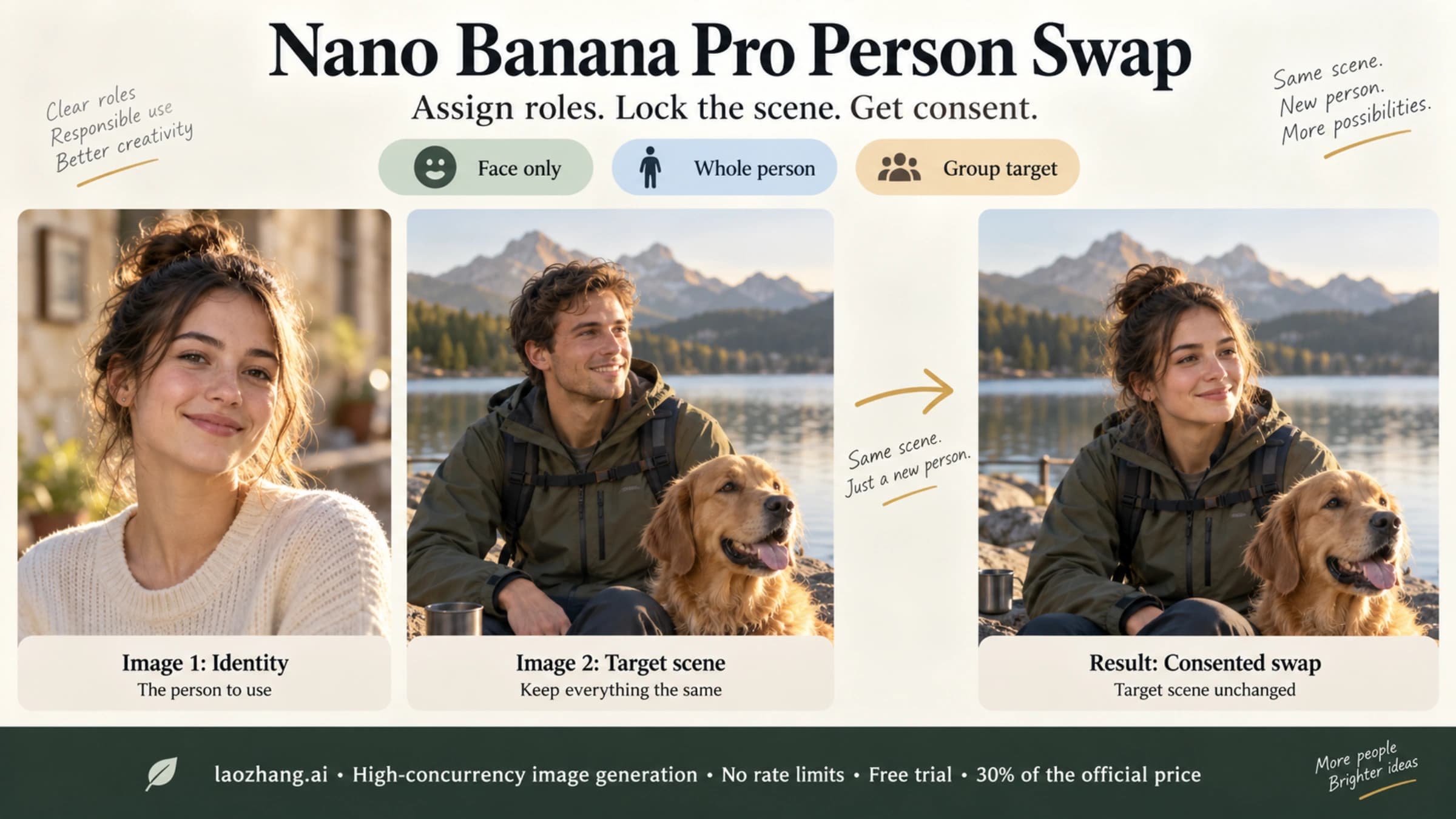 Conceptual Nano Banana Pro person swap showing Image 1 as identity and Image 2 as the scene, with consent and a locked background