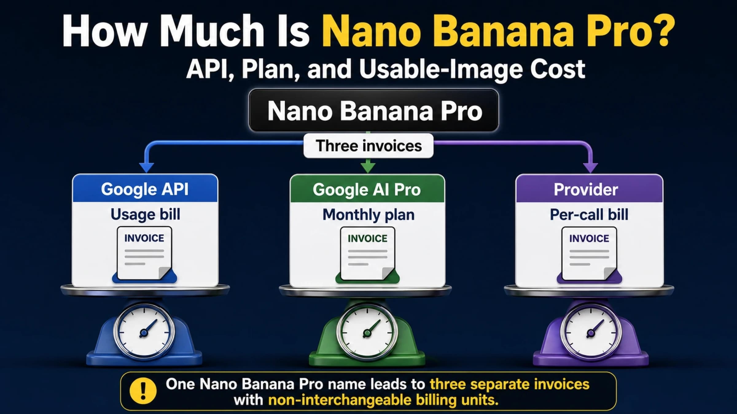Three separate Nano Banana Pro invoices for Google API usage, a Google AI Pro membership, and an independent provider call