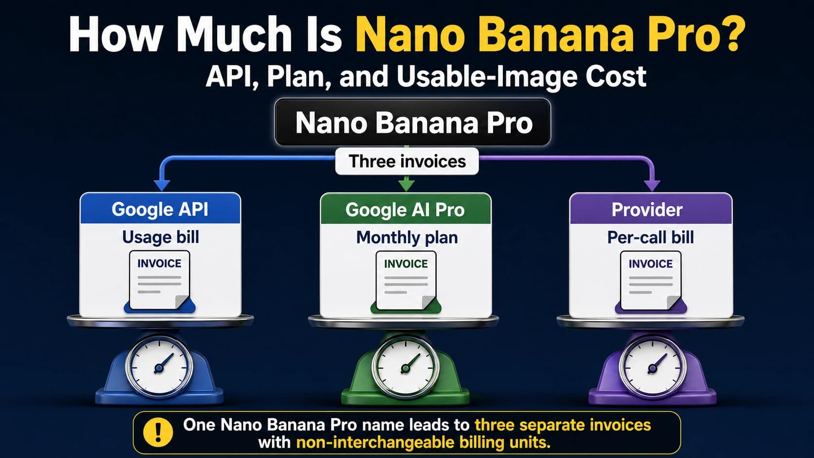 Three separate Nano Banana Pro invoices for Google API usage, a Google AI Pro membership, and an independent provider call
