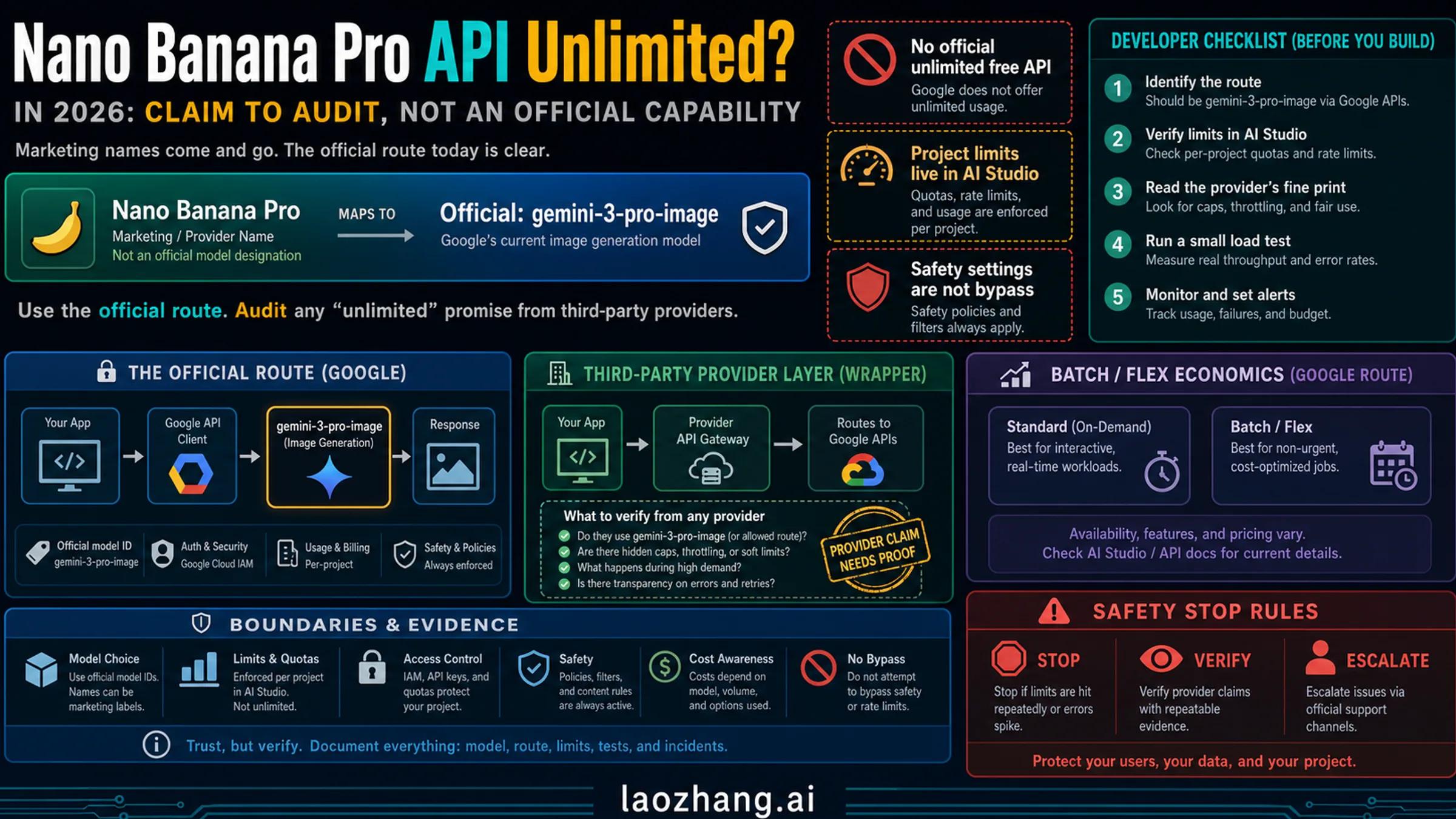 Route-owner audit board for Nano Banana Pro API unlimited claims, official model identity, provider proof, project limits, and safety stop rules.