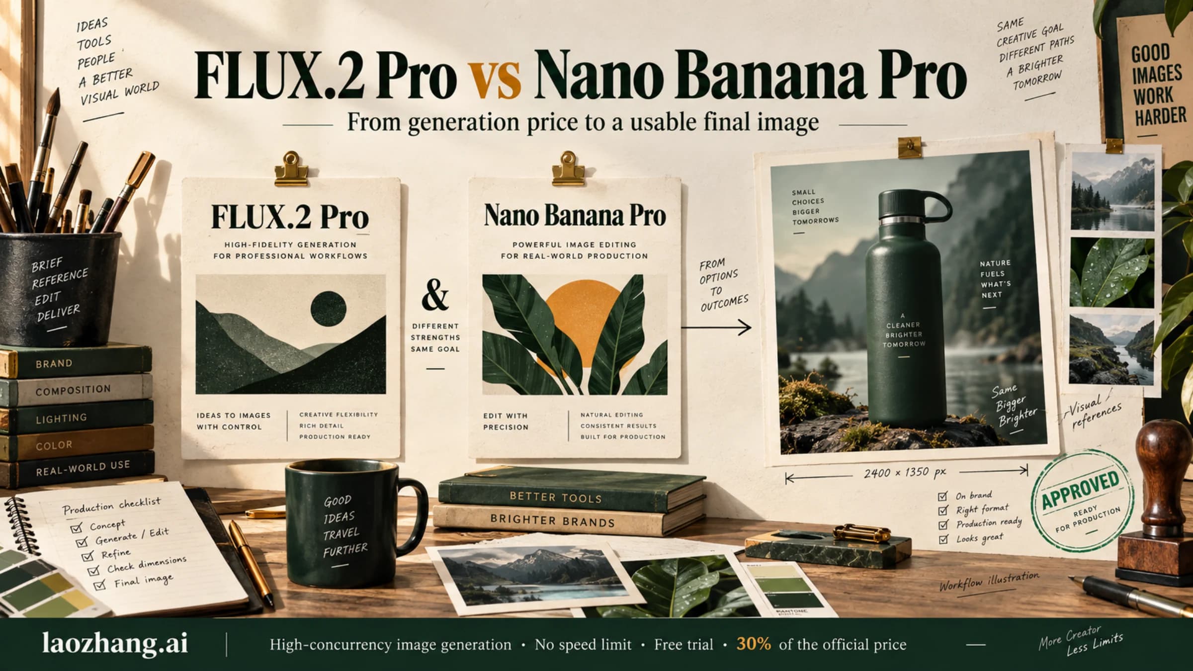 Editorial comparison of FLUX.2 Pro and Nano Banana Pro leading to an approved product campaign image
