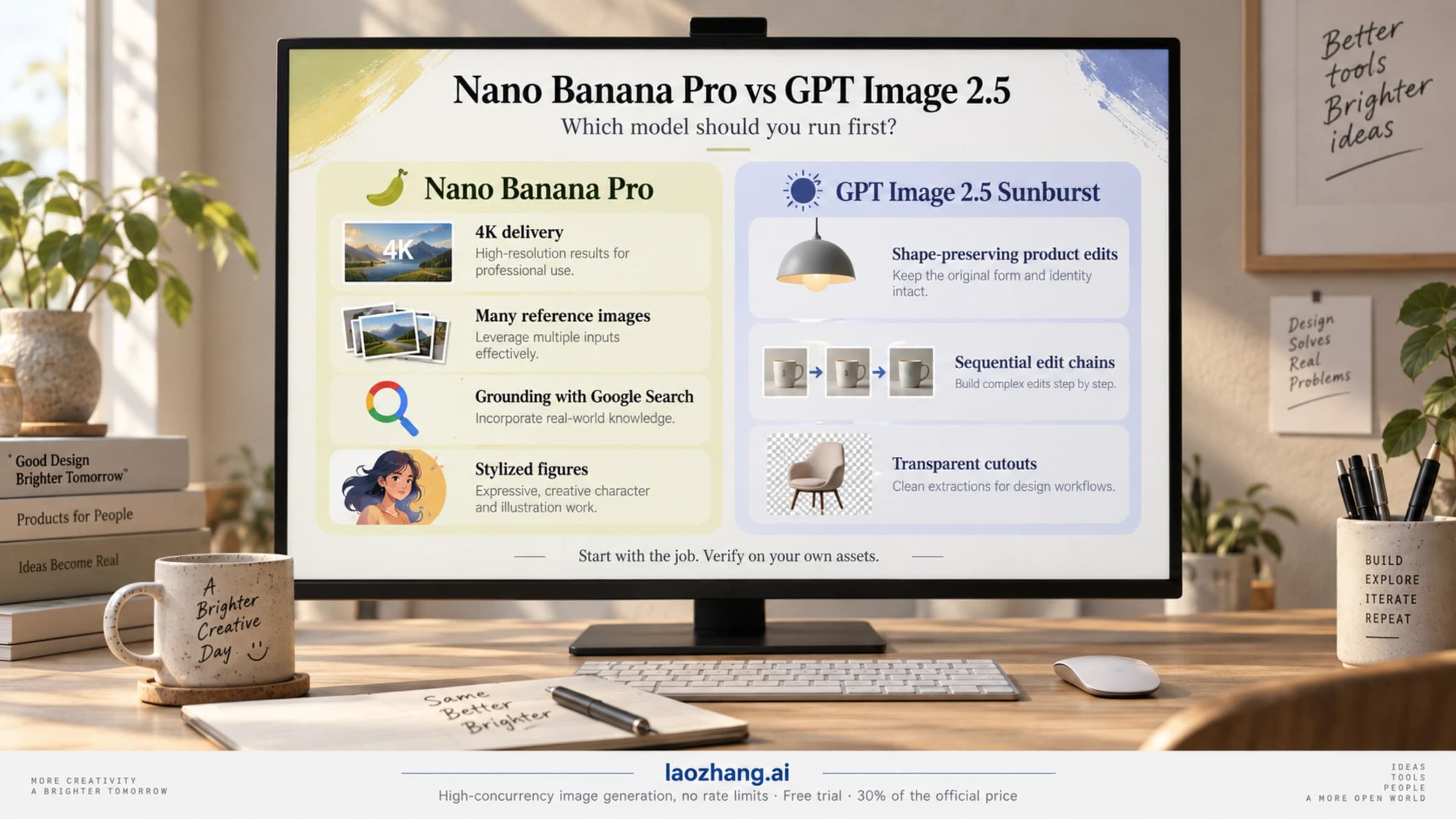 Decision board on a studio monitor titled Nano Banana Pro vs GPT Image 2.5, listing which model to run first by job: Nano Banana Pro for 4K, many references, Search grounding and stylized figures; GPT Image 2.5 Sunburst for shape-preserving product edits, edit chains and transparent cutouts