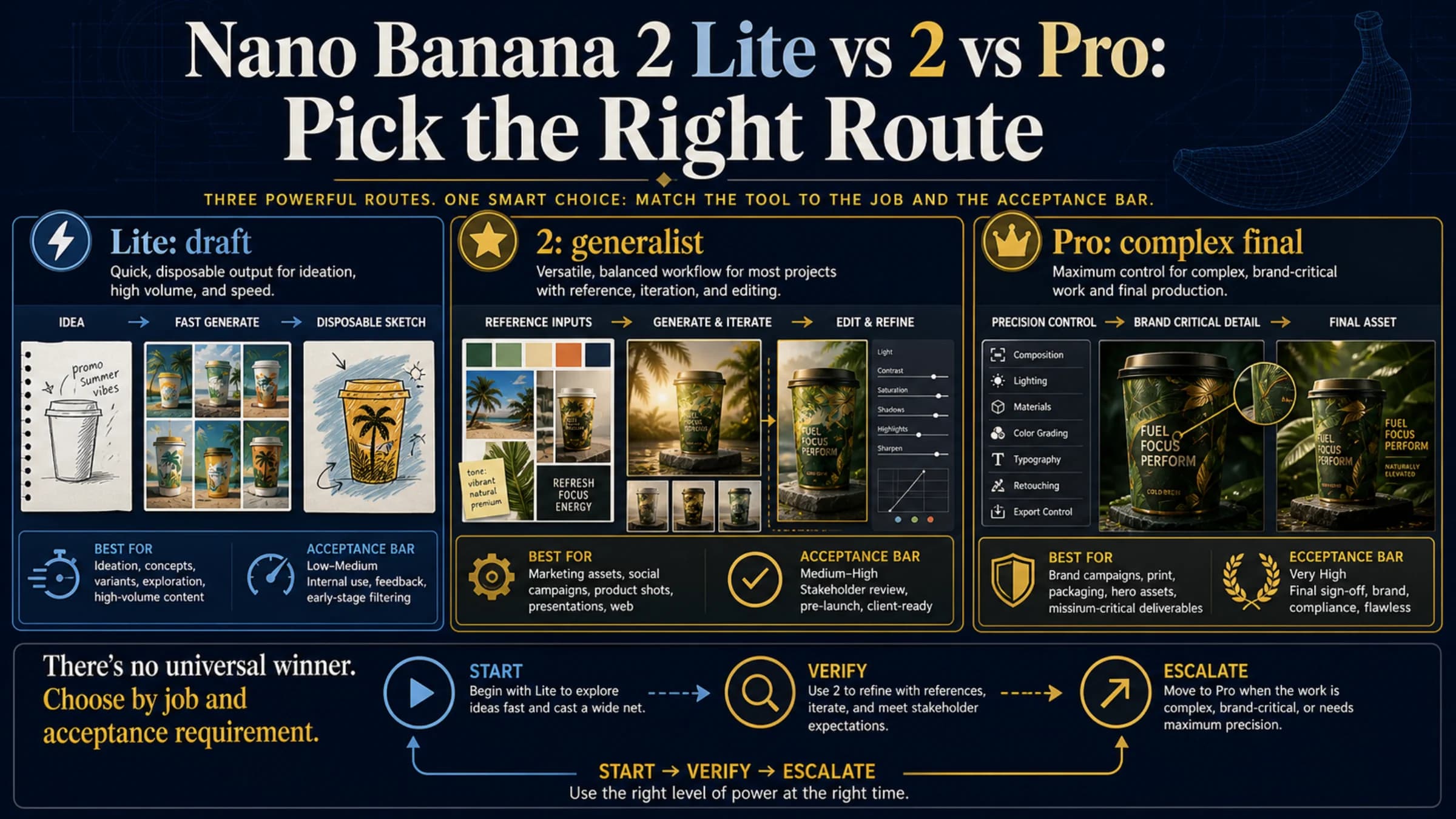 Three workload routes for Nano Banana 2 Lite, Nano Banana 2, and Nano Banana Pro
