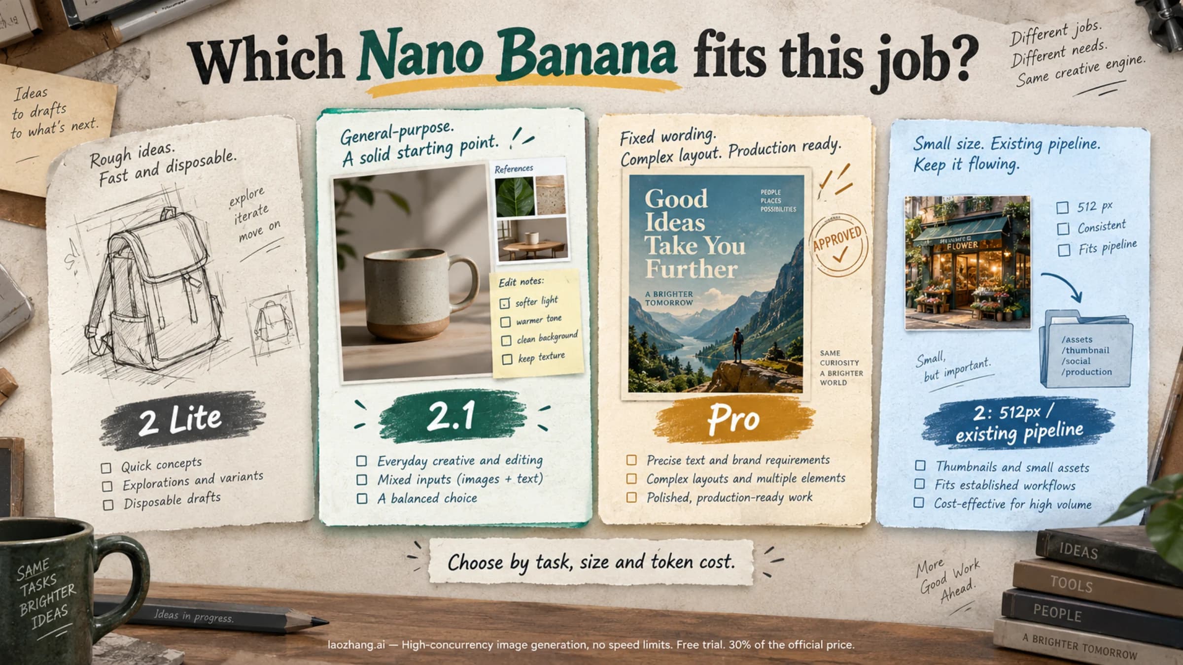 Conceptual Nano Banana workload choices for disposable Lite drafts, general 2.1 work, exact-text Pro assets and 512px or existing Nano Banana 2 pipelines