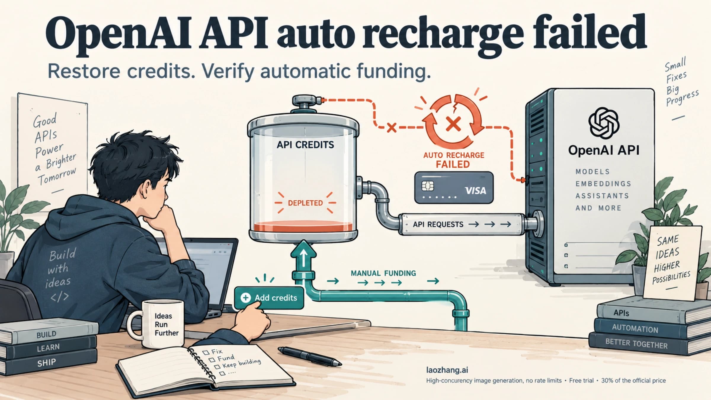 Conceptual illustration of a failed automatic recharge and a separate manual funding path for OpenAI API credits.