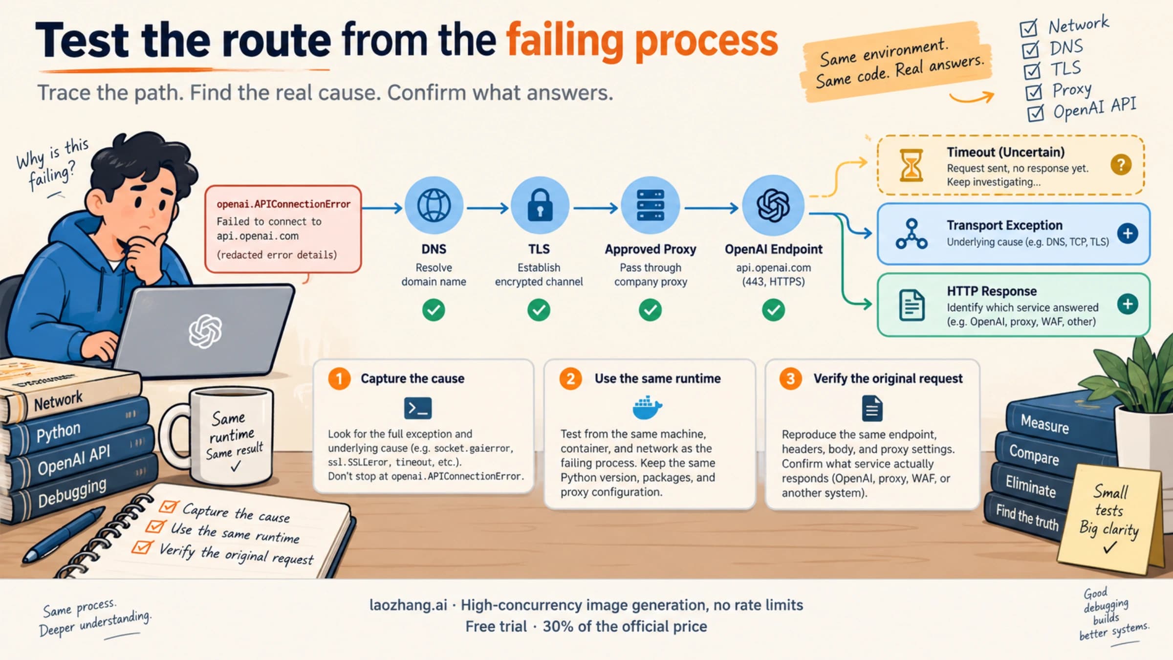 A failing worker tests its DNS, TLS, proxy, and endpoint while preserving ambiguous request outcomes.