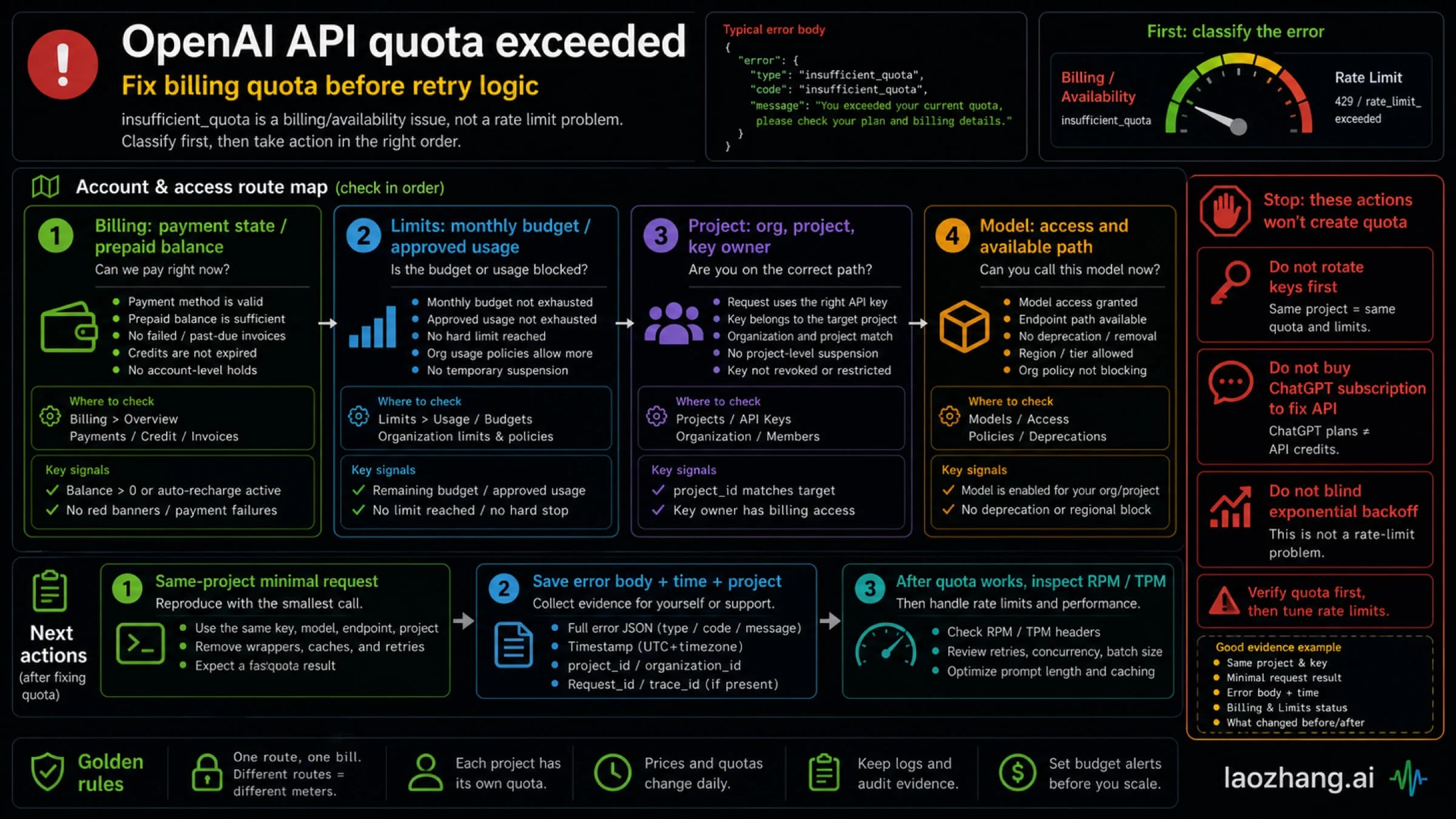 OpenAI API quota exceeded diagnostic board separating billing, prepaid balance, monthly budget, project scope, and rate-limit branches.