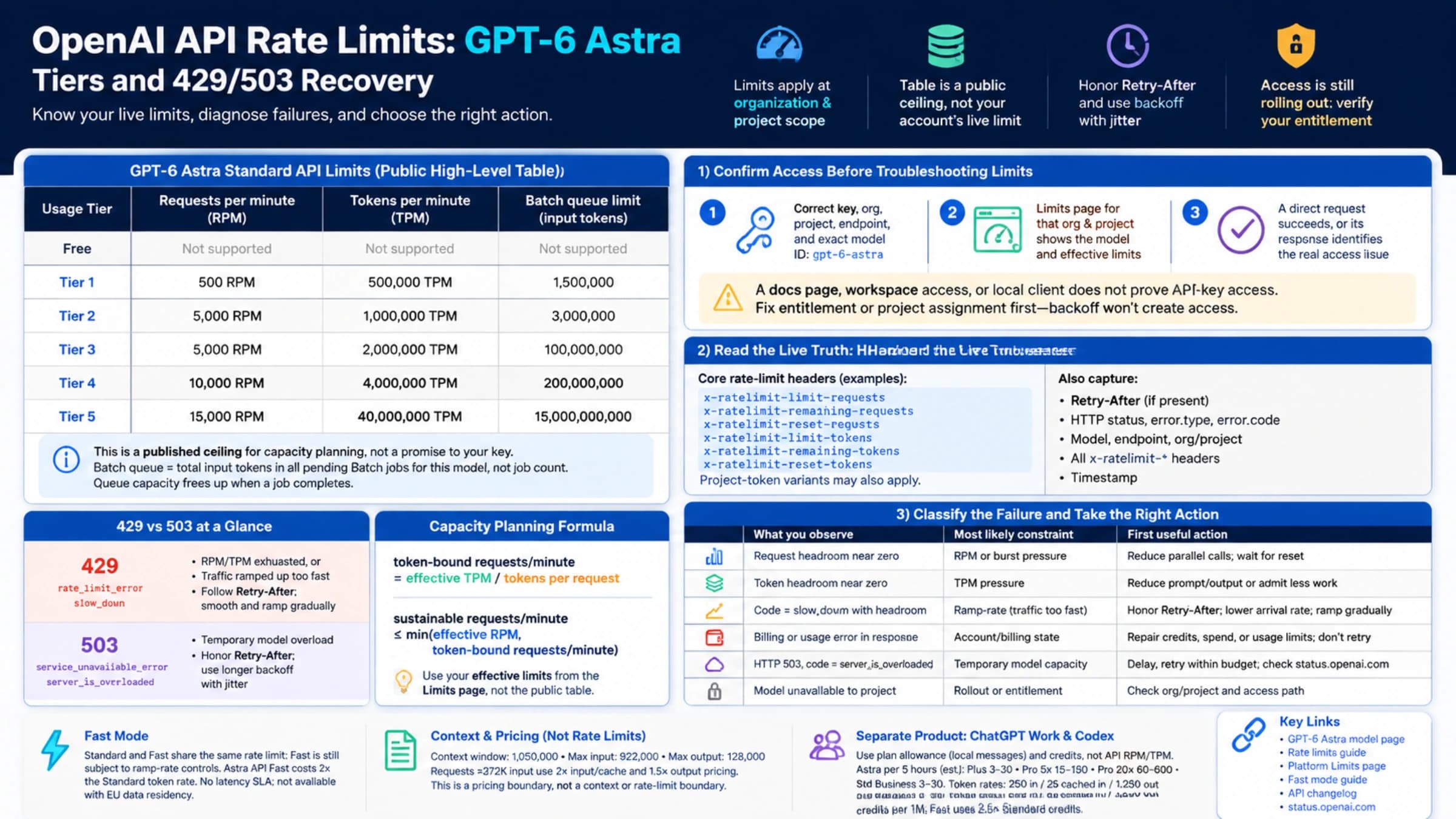 Technical illustration for GPT-6 Astra API rate limits, rollout access, and 429/503 recovery.