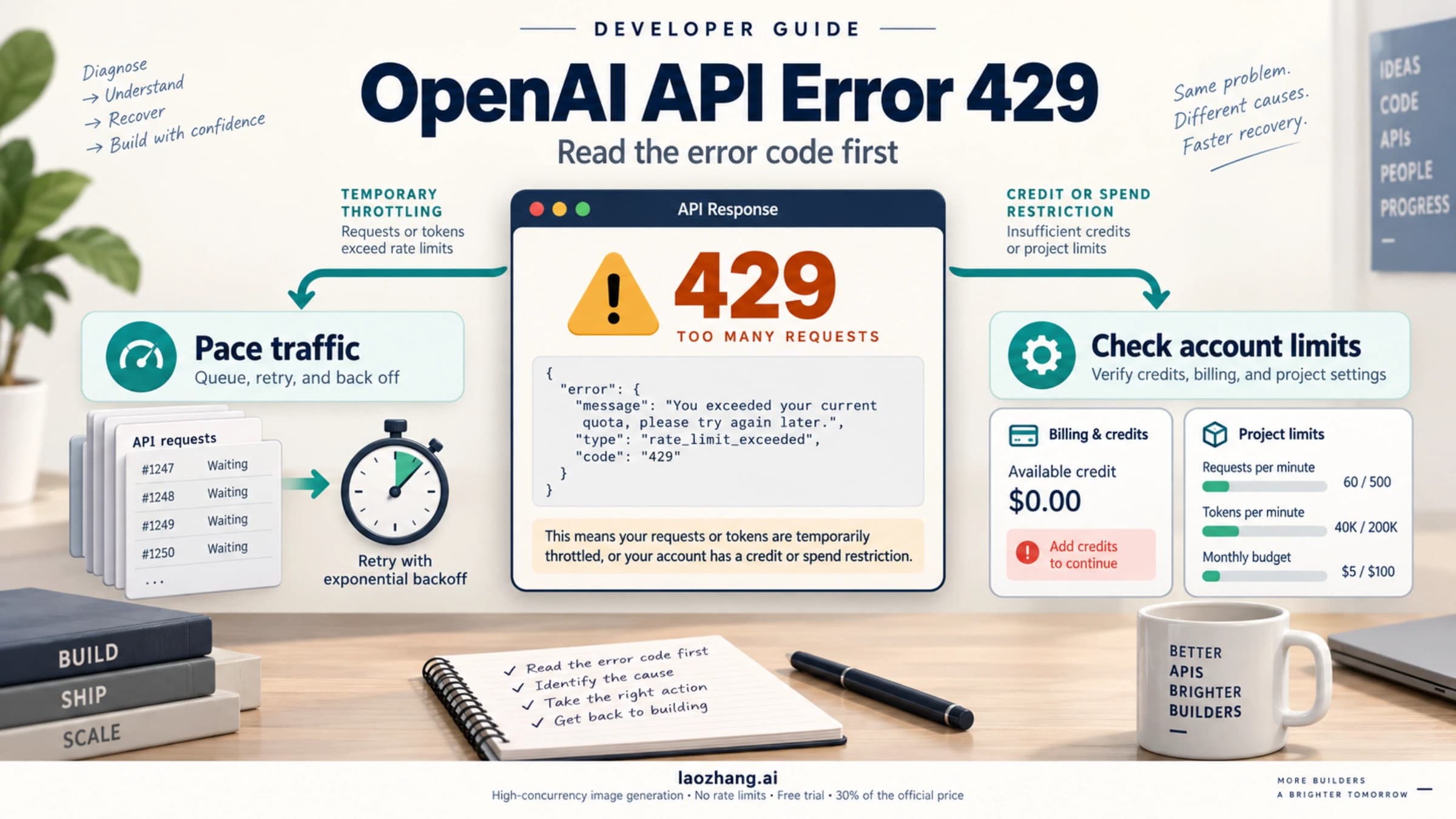 OpenAI API 429 diagnosis branching into paced traffic recovery and account limit checks.