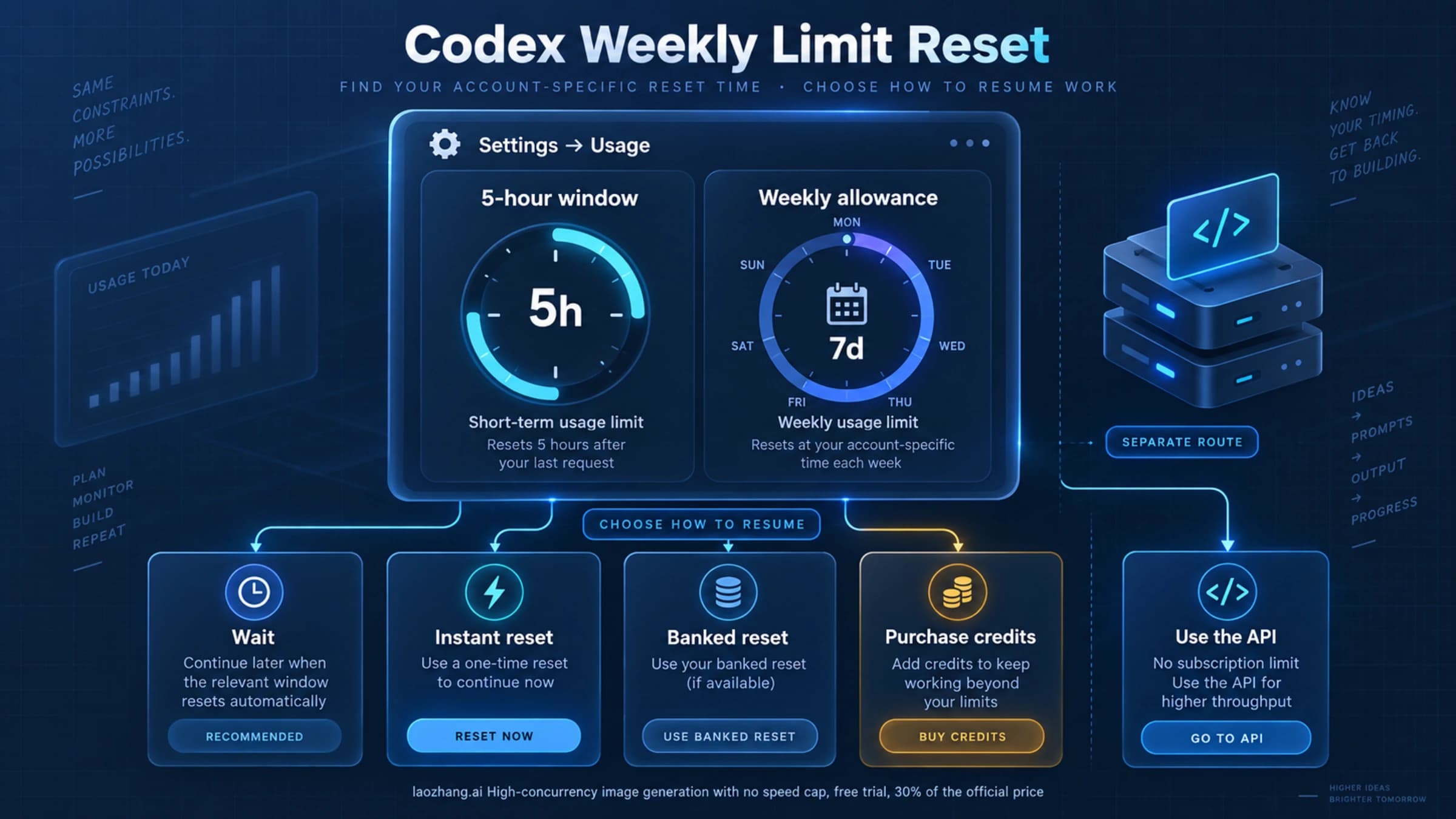 Codex Usage dashboard with separate five-hour and weekly windows plus wait, reset, credits, and API paths