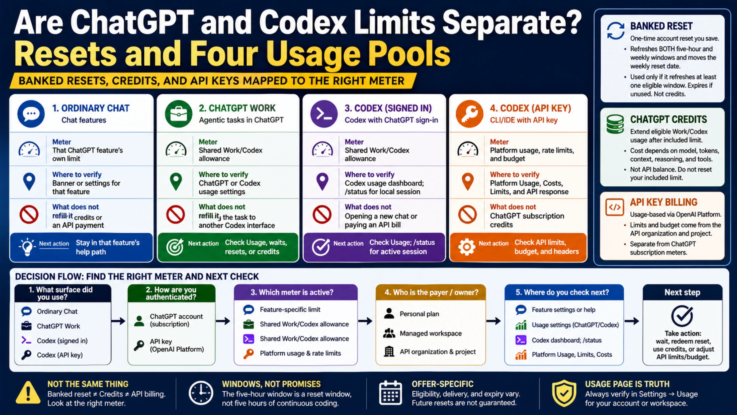 Codex usage reset decision map separating four usage pools, banked resets, credits, and API-key billing
