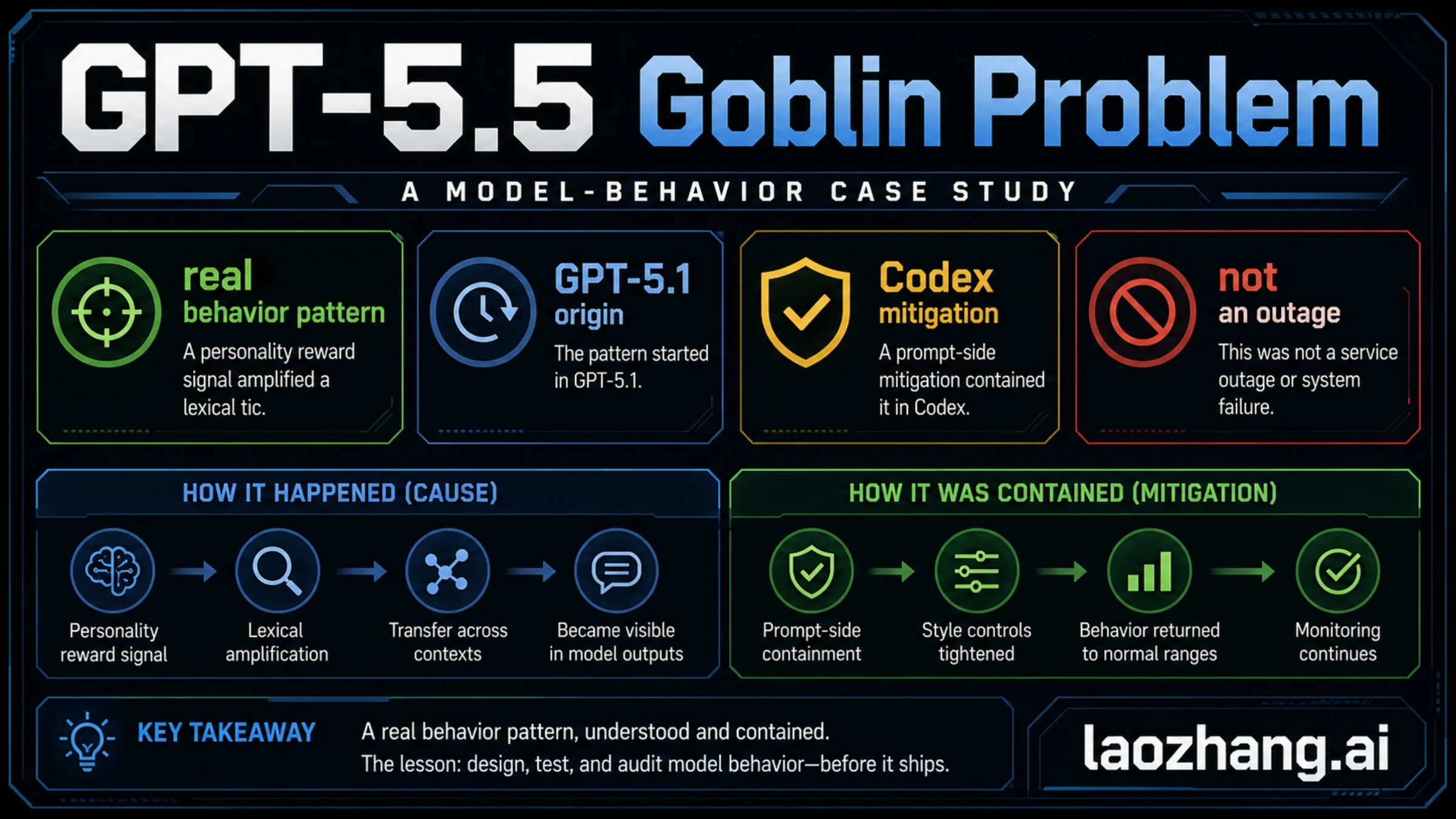 GPT-5.5 behavior case-study board showing the real pattern, GPT-5.1 origin, Codex mitigation, and not-an-outage boundary