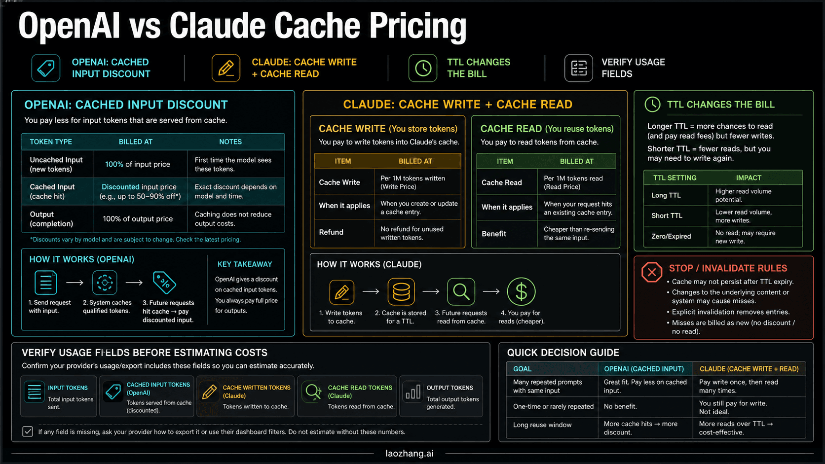 OpenAI versus Claude cache pricing board showing cached input, cache writes, cache reads, TTL, and usage field verification