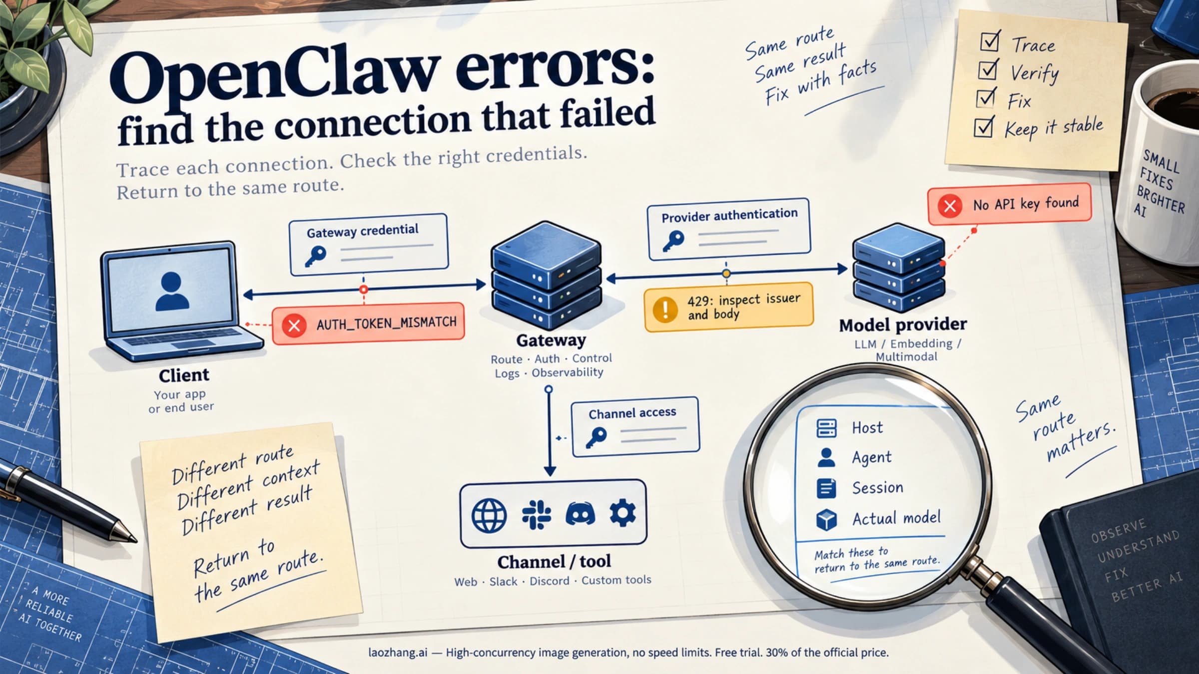 Conceptual OpenClaw connection map separating Gateway, provider and channel credentials and identifying the host, agent, session and model that failed
