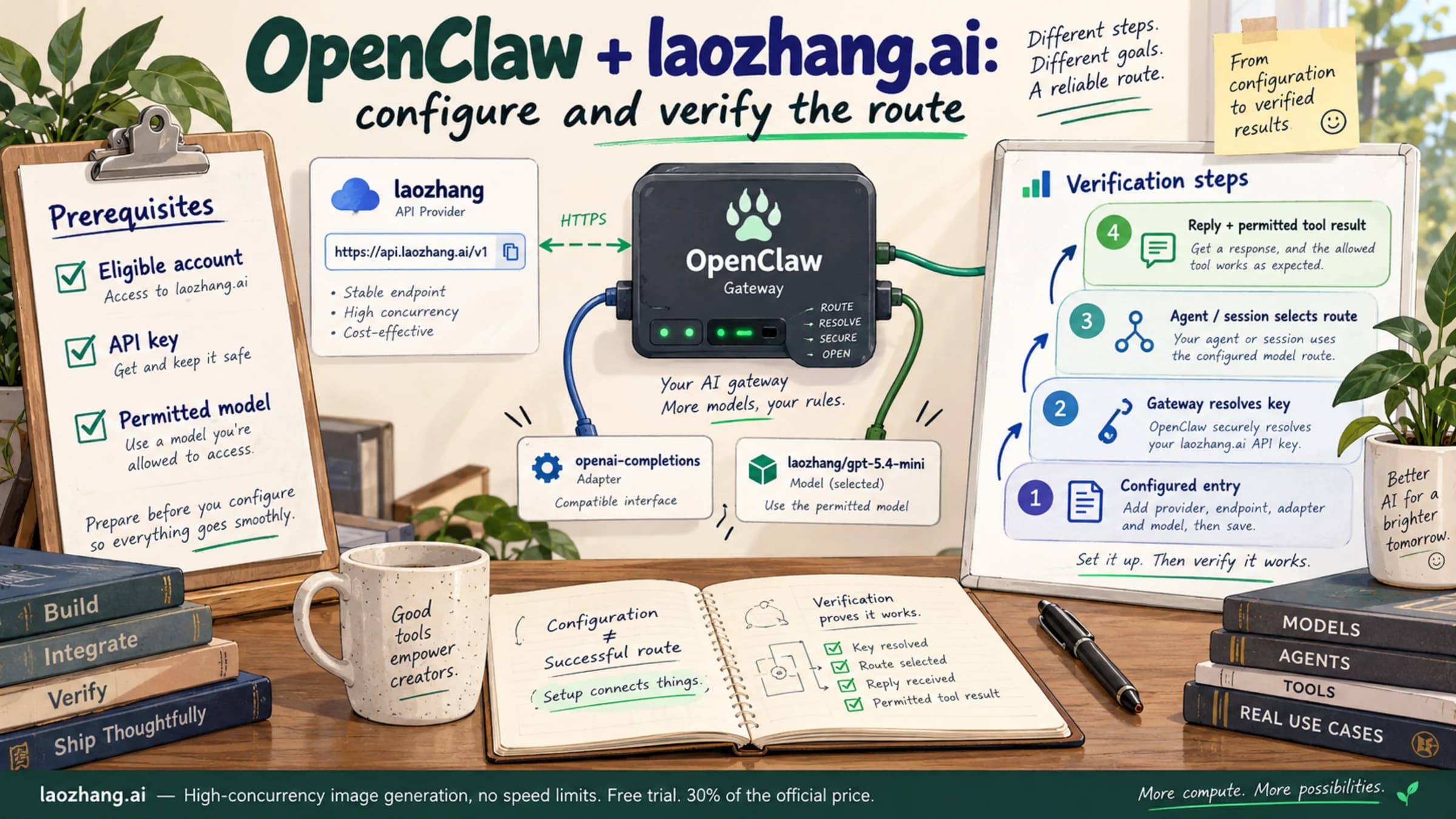 Conceptual OpenClaw connection to laozhang.ai showing eligibility, provider settings, Gateway key resolution and actual agent or session route verification