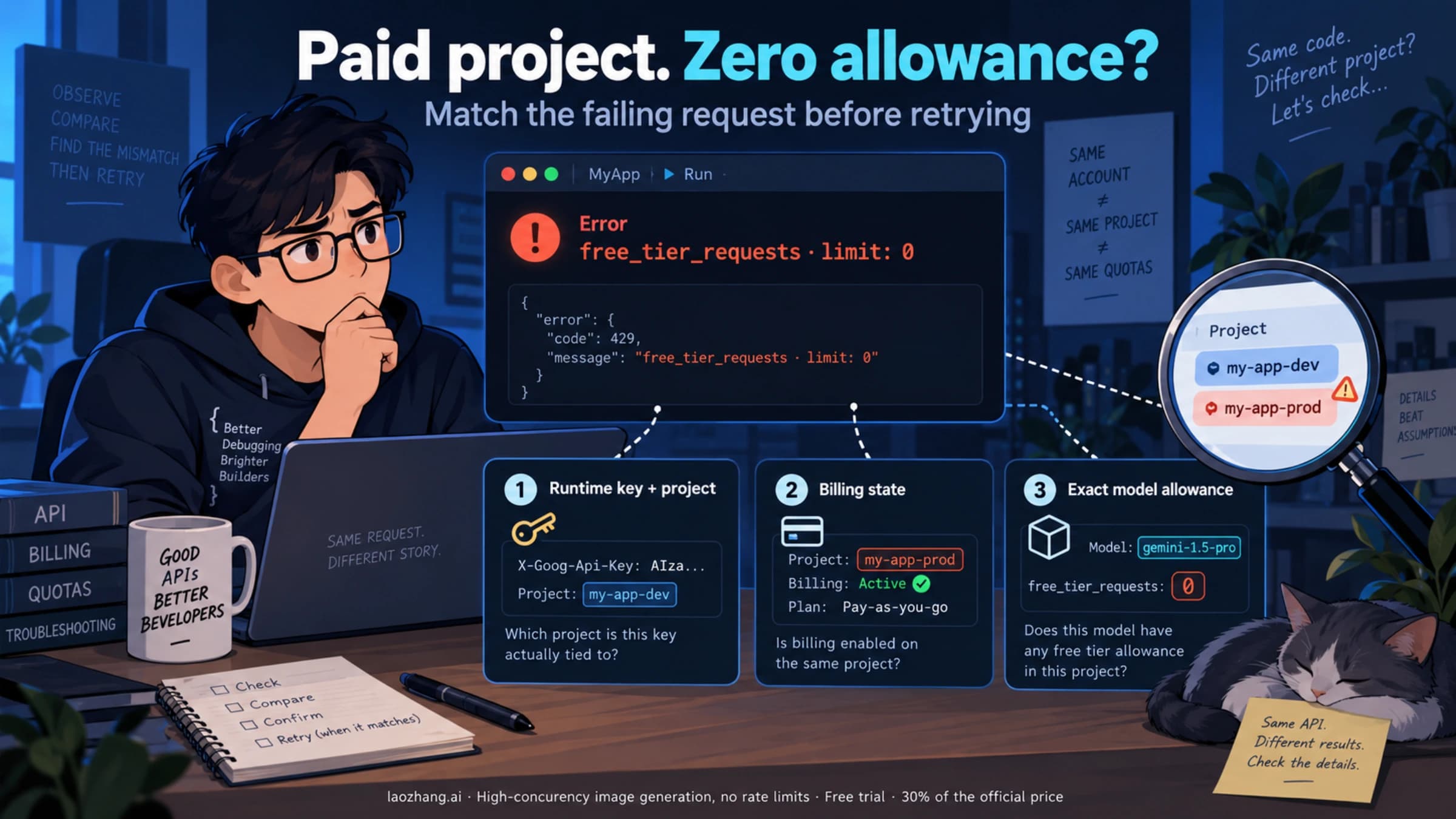 Match a Gemini zero free-tier allowance error with the failing app’s project, billing state, and model quota