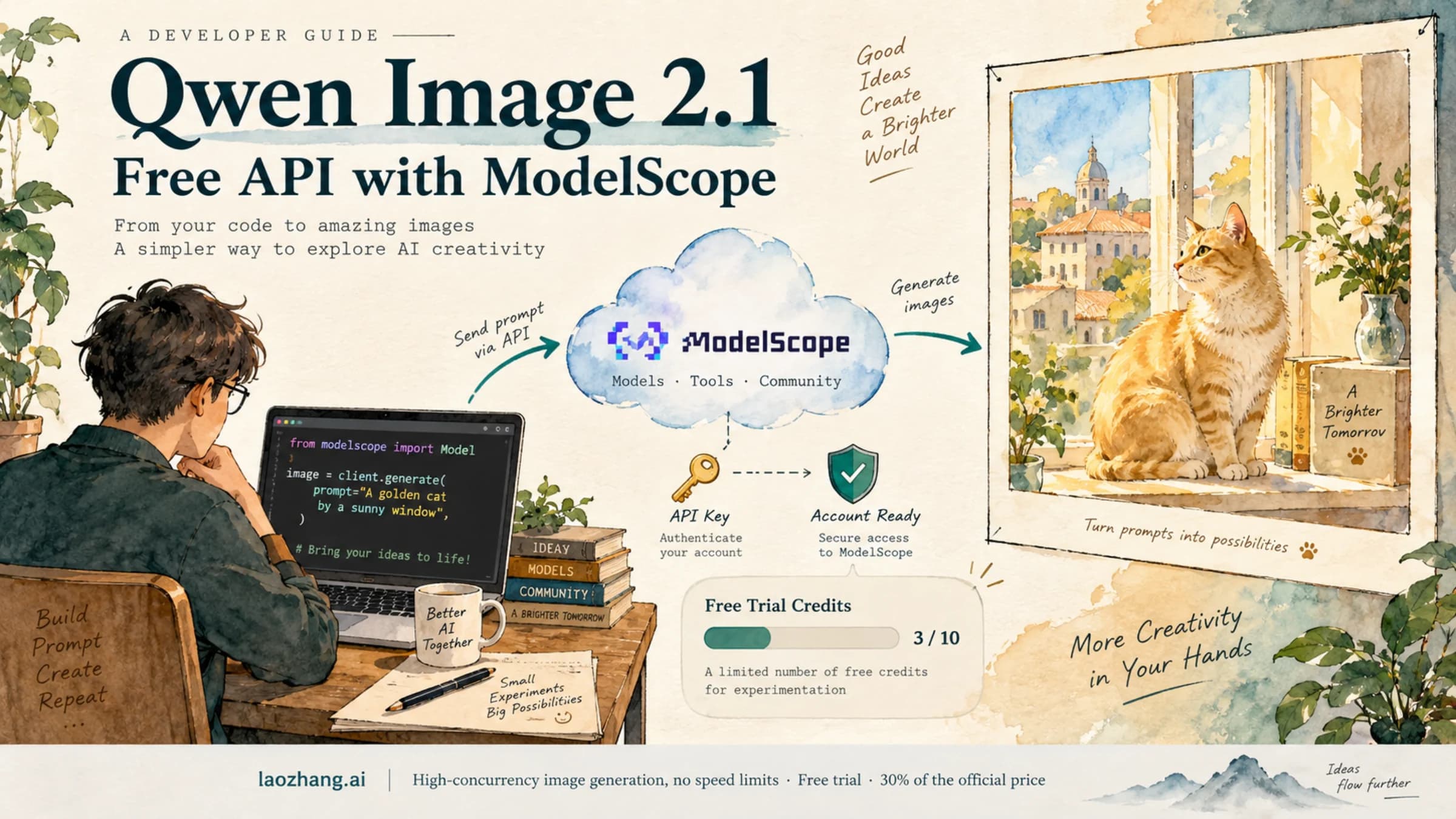 Illustration of a developer connecting code to ModelScope to create a Qwen Image 2.1 picture