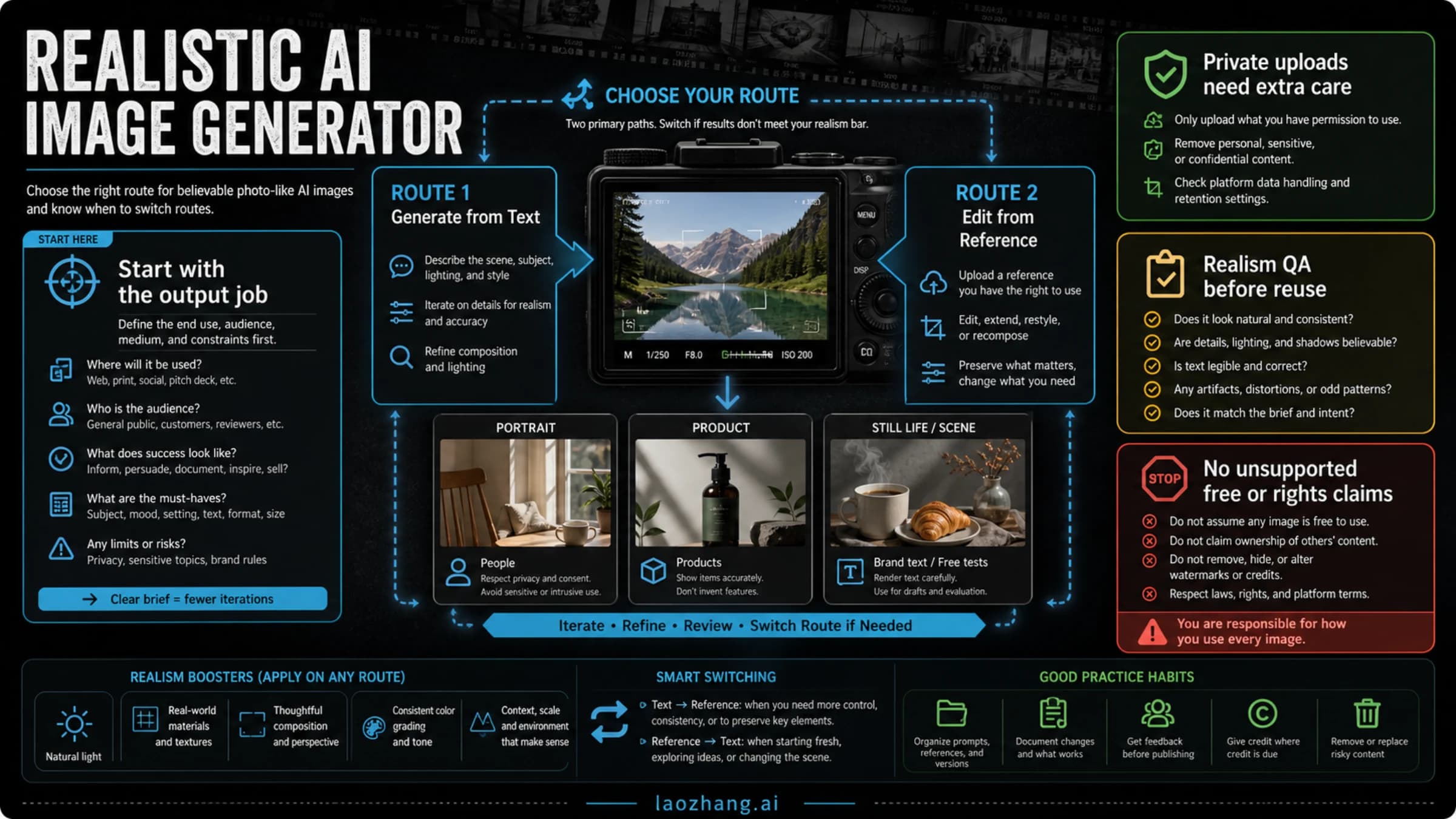 Realistic AI image generator route board for output jobs, privacy, realism QA, and rights stop rules