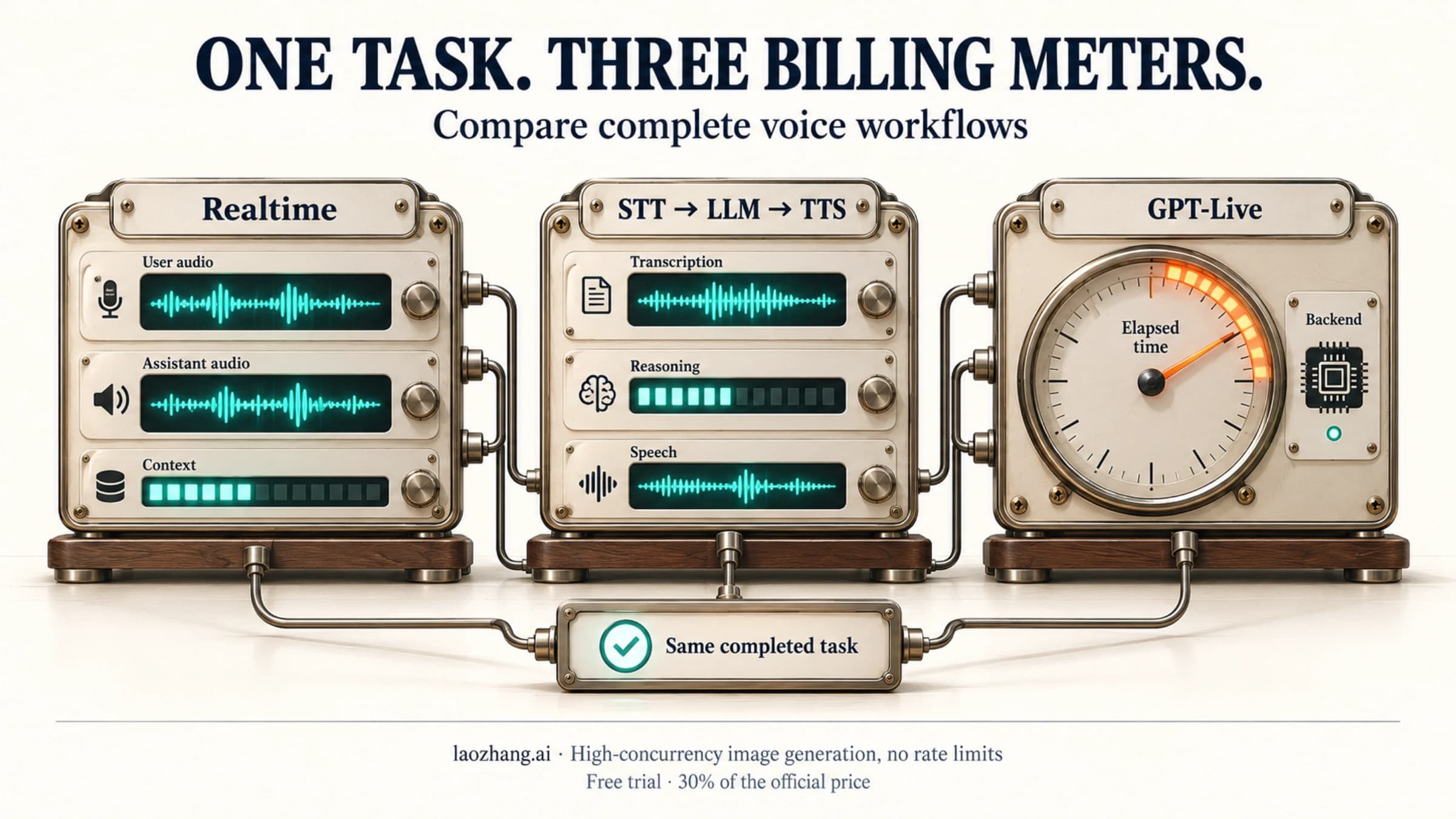 Three billing meters compare Realtime, an STT–LLM–TTS pipeline, and GPT-Live for the same completed task.