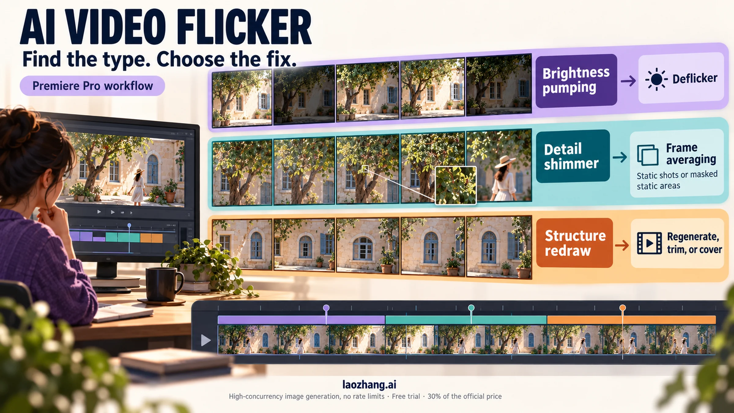 Fix AI flicker in Premiere: brightness pumping needs deflicker, detail shimmer needs frame averaging, and redrawn shapes need a new take