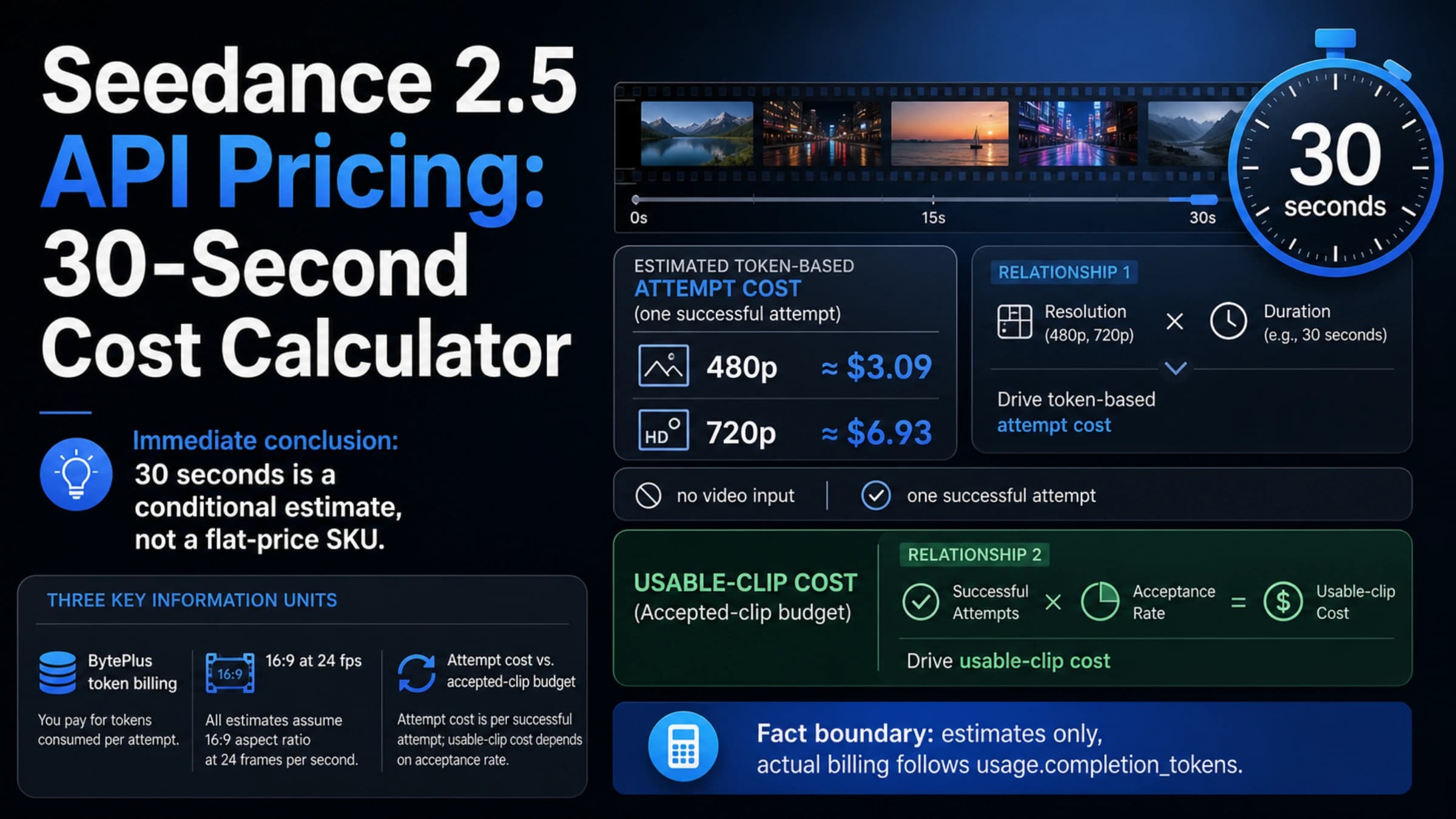 Seedance 2.5 API 30-second calculator connecting token rates, attempts, and accepted clips