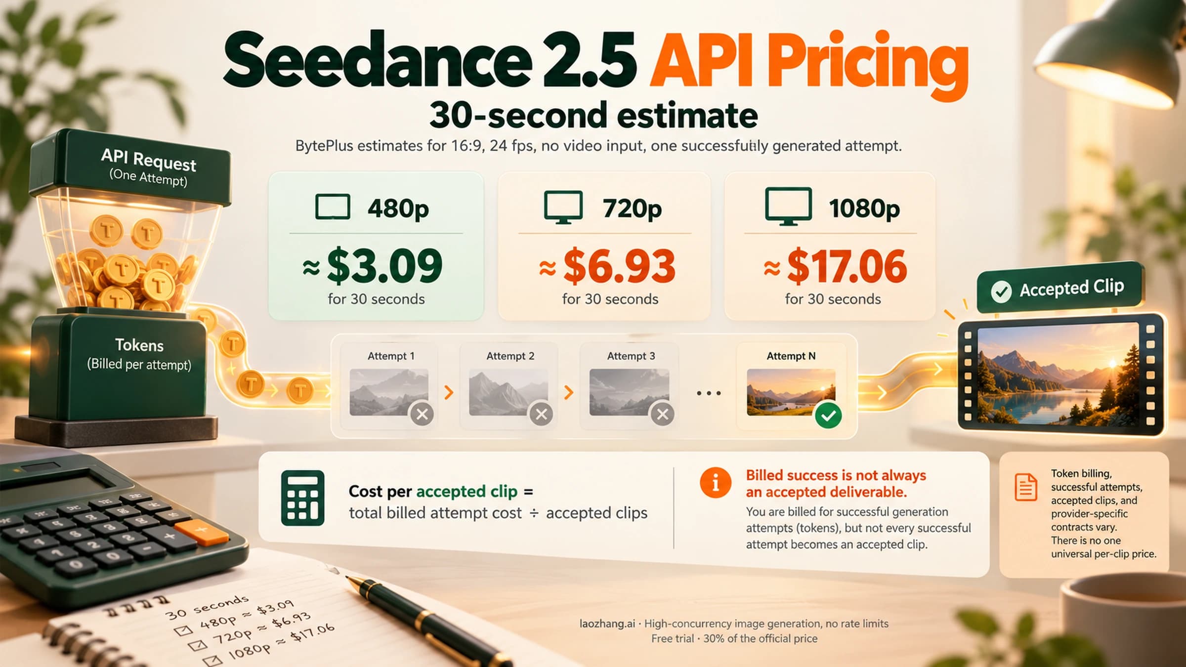 Seedance 2.5 API 30-second calculator connecting token rates, attempts, and accepted clips