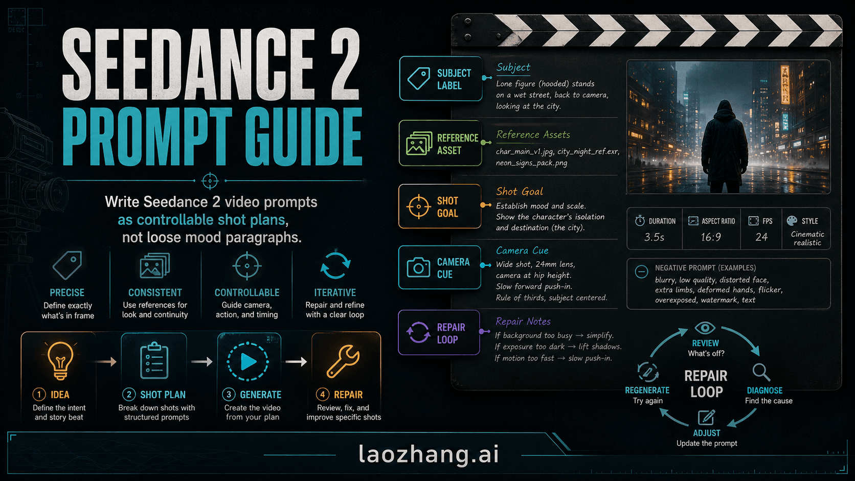 Seedance 2 prompt guide cover showing subject labels, reference assets, shot goals, camera cues, and repair loop