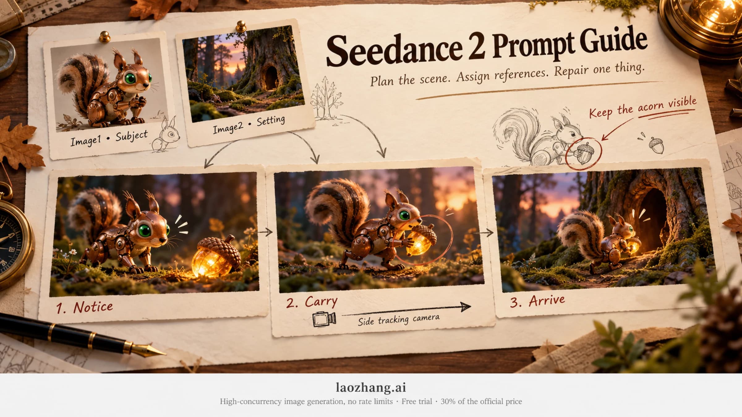 Seedance 2 prompt planning board connecting a scene idea to references, camera direction, and repairs