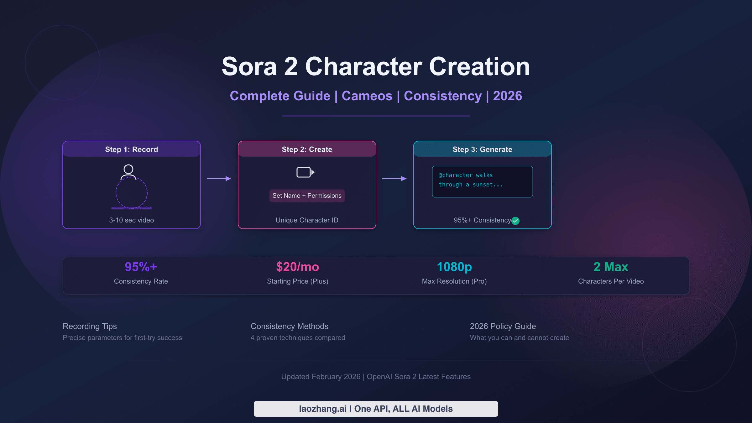 Complete guide to creating characters in Sora 2 showing the three-step workflow from recording to video generation