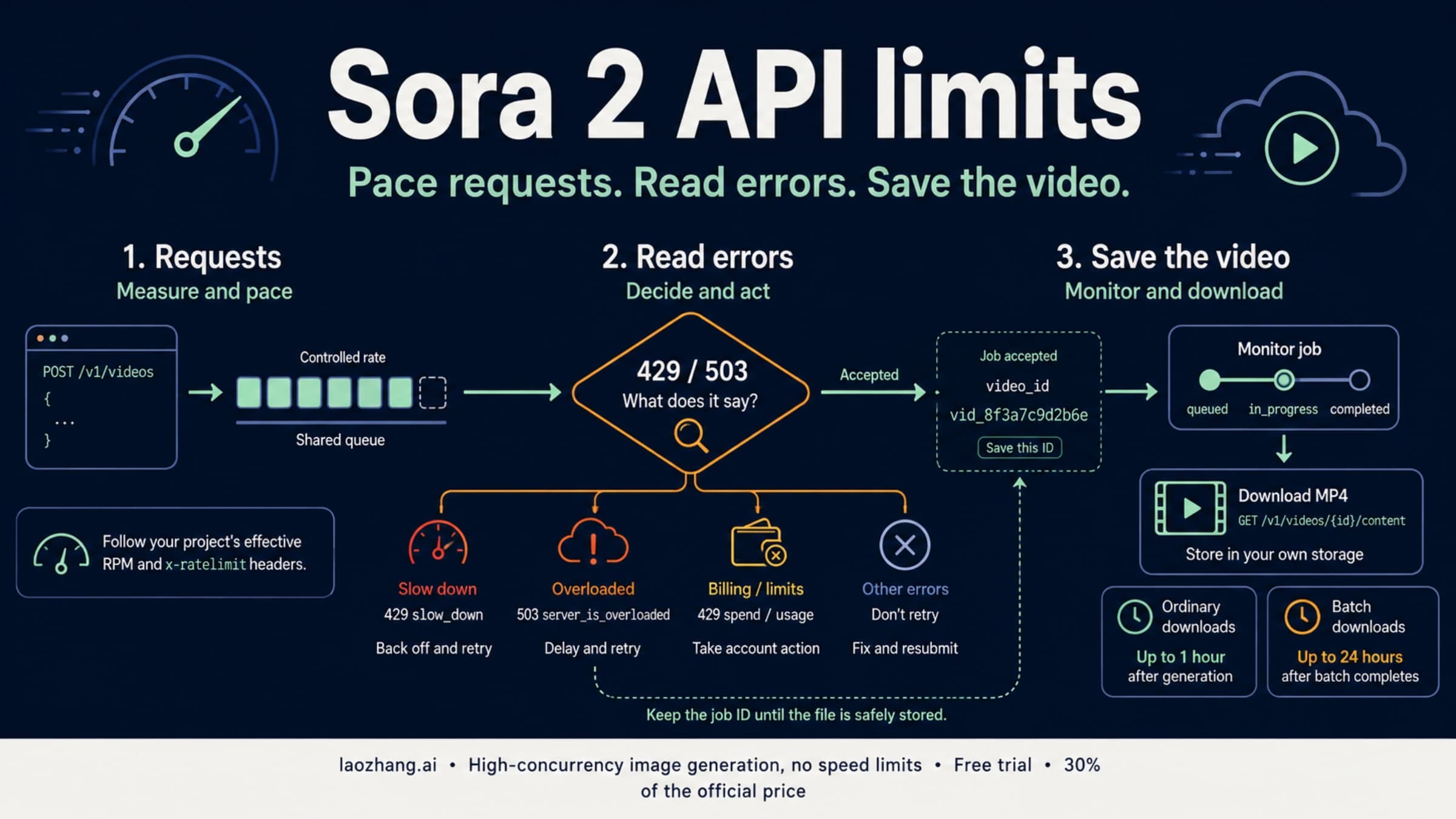 Sora 2 API workflow for pacing requests, diagnosing errors, and saving completed videos